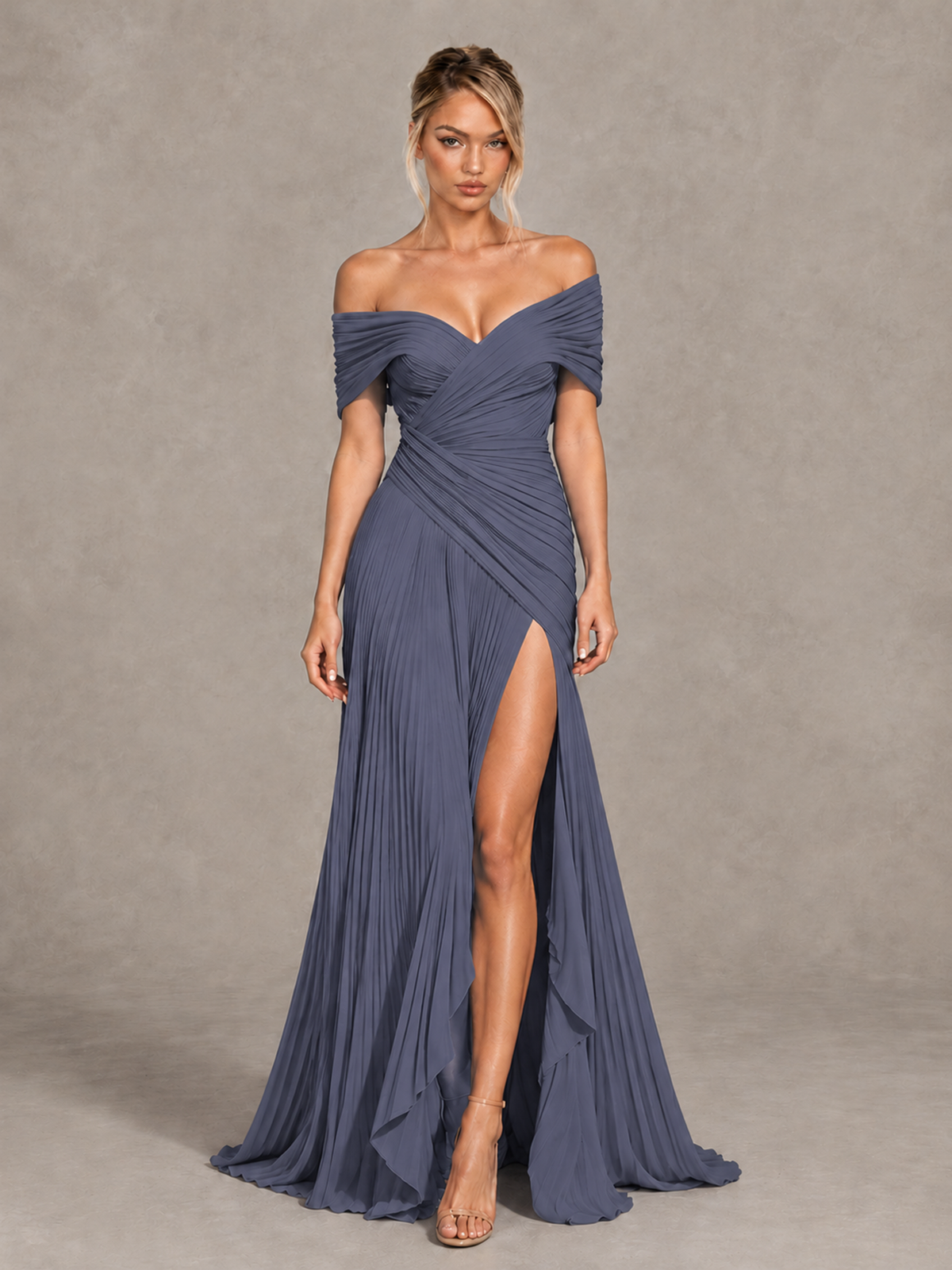 BOLODOO Stormy Blue Off-Shoulder Ruched Pleated Maxi Dress with High Slit - Stormy Blue - Stormy Blue (1)