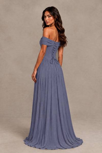 BOLODOO Stormy Blue Off-Shoulder Sweetheart Corset Pleated Chiffon Maxi Dress - Stormy Blue - Stormy Blue (2)