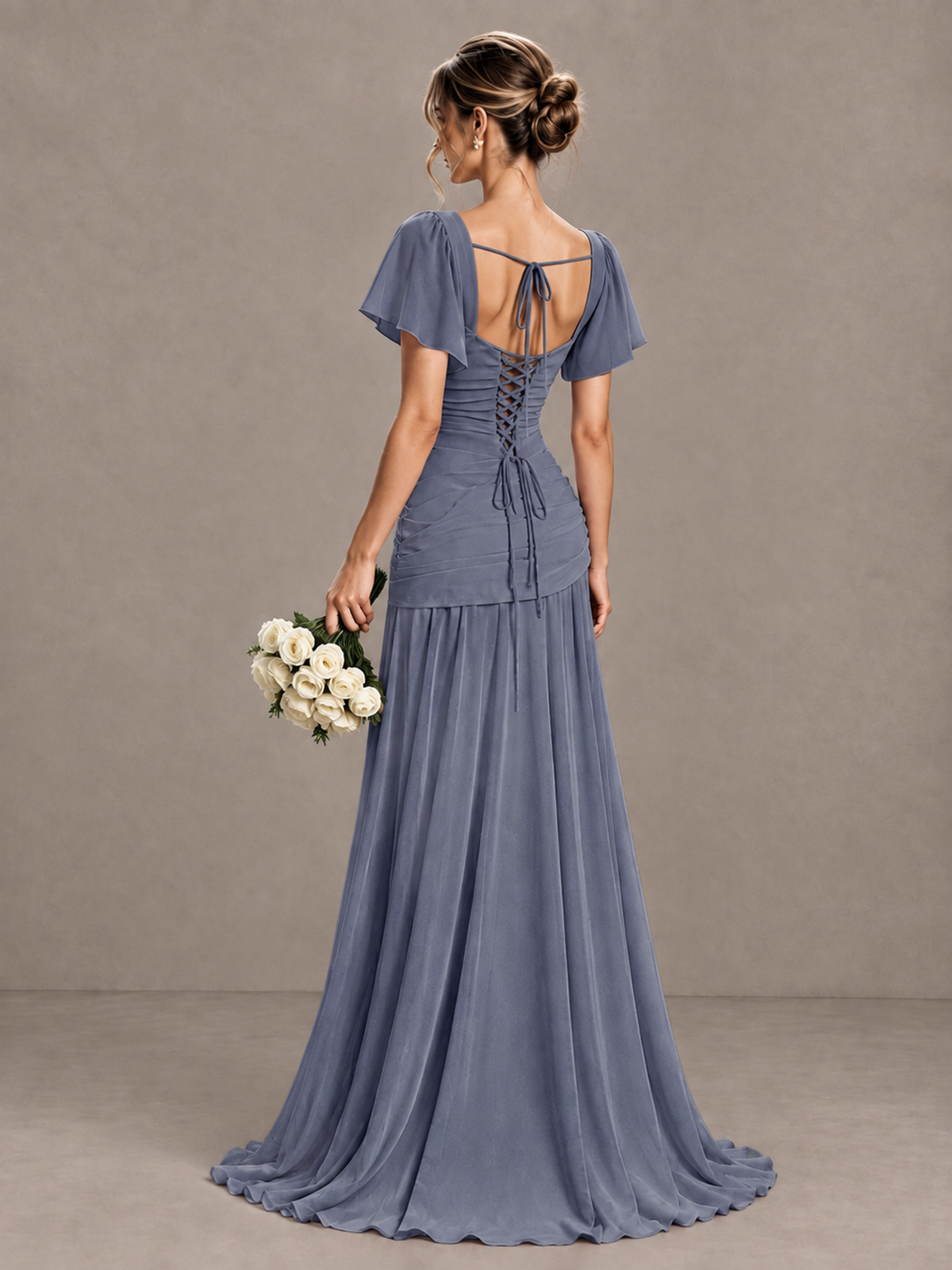 BOLODOO Stormy Blue Flutter Sleeve Lace-Up Back Maxi Dress - Stormy Blue - Stormy Blue (2)