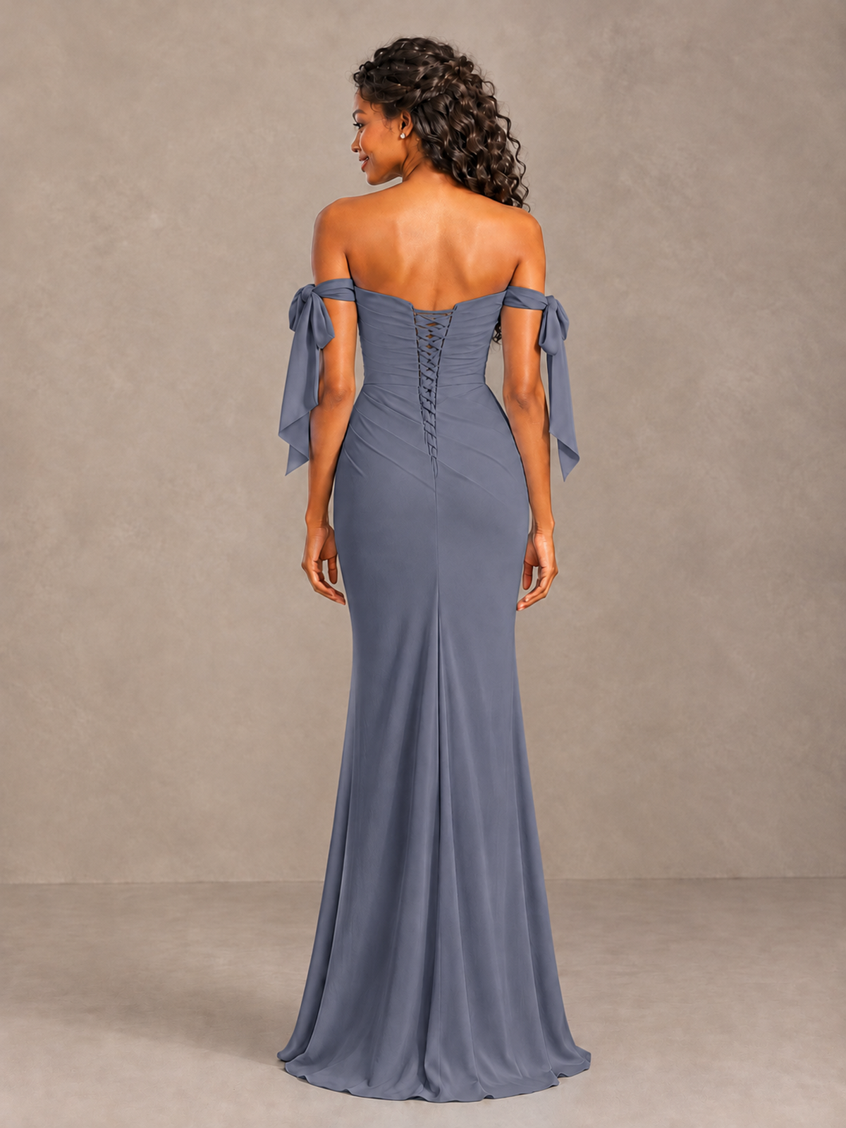 Stormy Blue Off-Shoulder Bow Bridesmaid Dress with Slit - Stormy Blue - Stormy Blue (2)