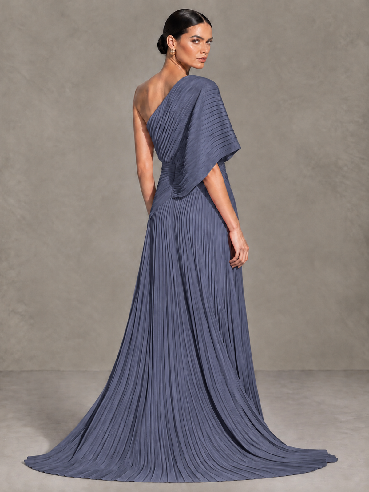 BOLODOO Stormy Blue One-Shoulder Pleated Cape Evening Gown with Train - Stormy Blue - Stormy Blue (2)