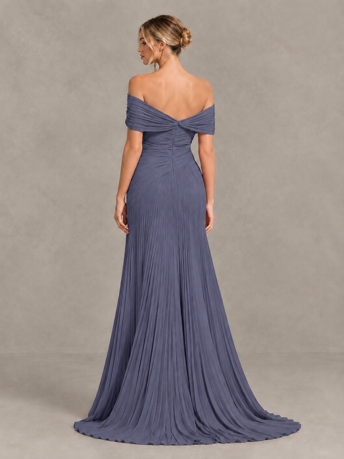 BOLODOO Stormy Blue Off-Shoulder Ruched Pleated Maxi Dress with High Slit - Stormy Blue - Stormy Blue (2)