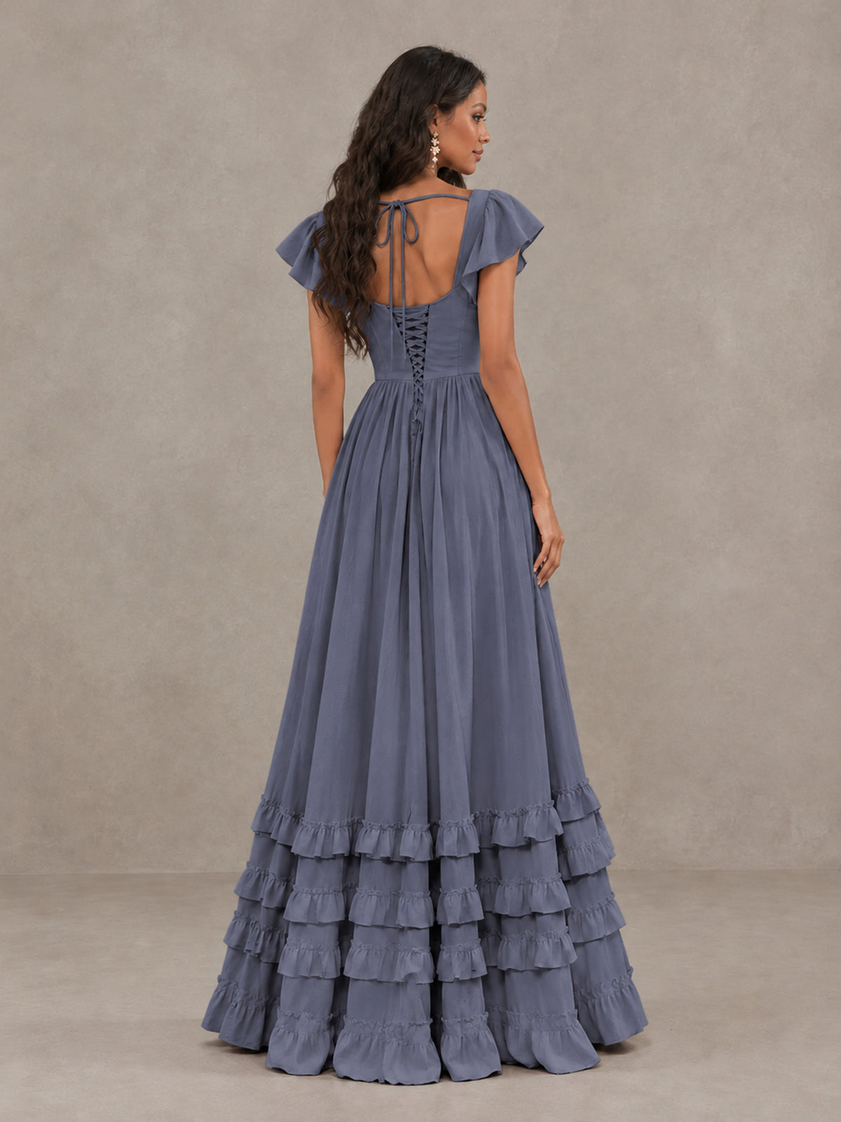 BOLODOO Stormy Blue Flutter Sleeve Ruffle Bridesmaid Dress with Slit - Stormy Blue - Stormy Blue (2)