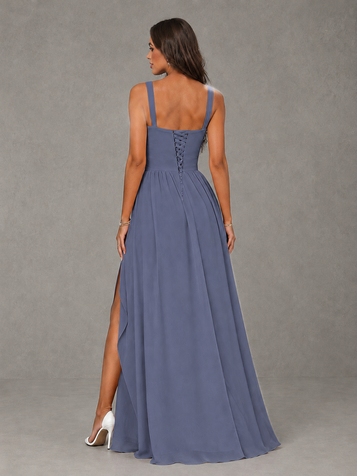 BOLODOO Stormy Blue A-Line Bridesmaid Dress with High Slit & Lace-Up Back - Stormy Blue - Stormy Blue (2)