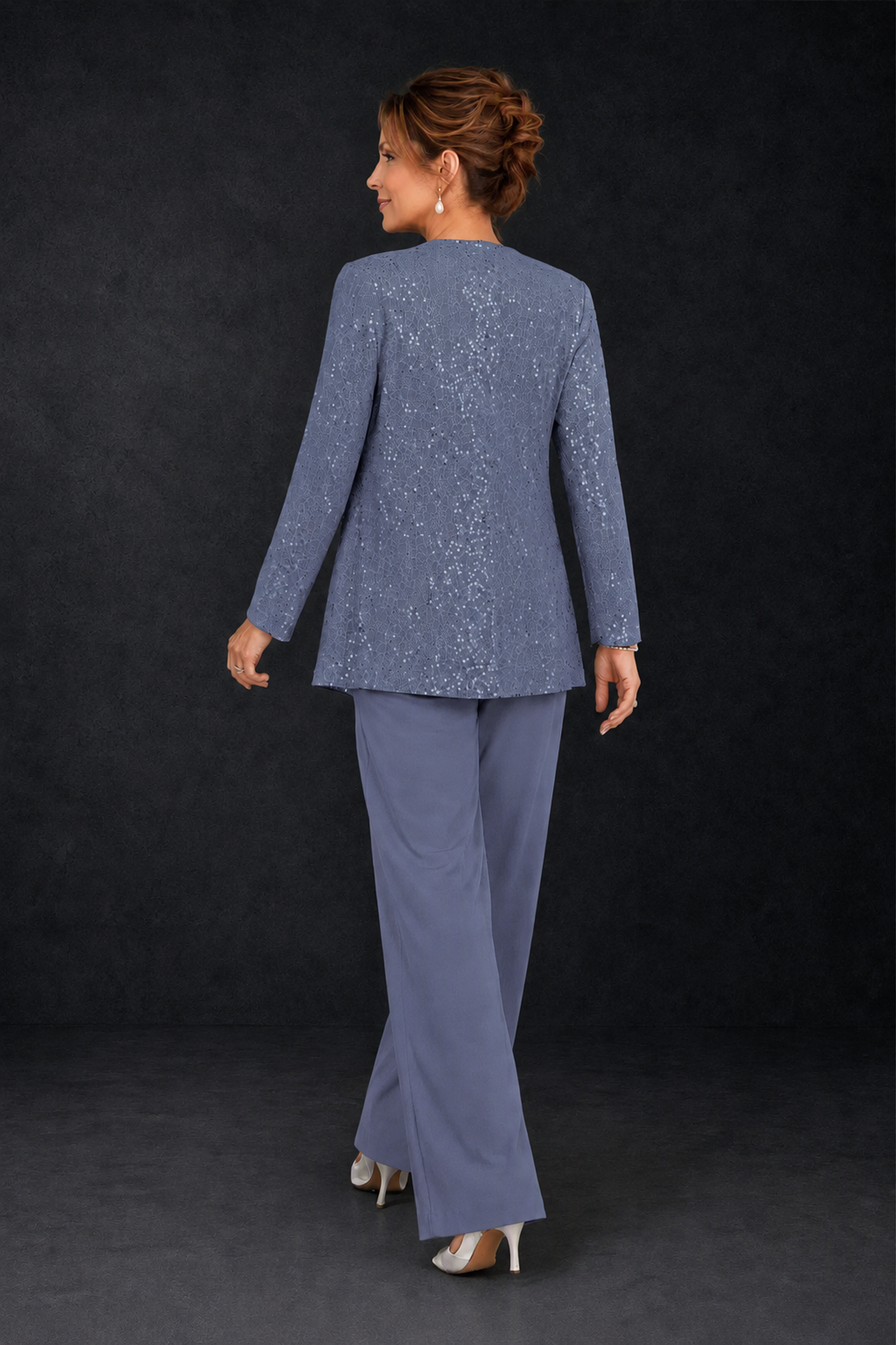 BOLODOO Stormy Blue Sequin Lace 3-Piece Pant Suit with Long Sleeve Jacket - Stormy Blue - Stormy Blue (2)