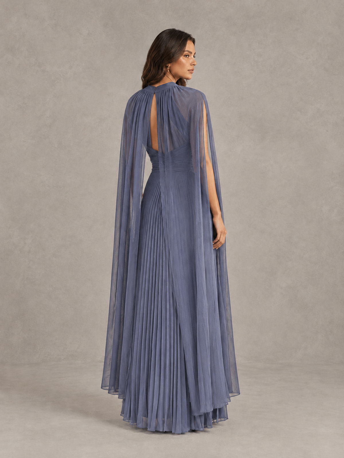 BOLODOO Stormy Blue Pleated Cape Maxi Wedding Guest Dress - Stormy Blue - Stormy Blue (2)