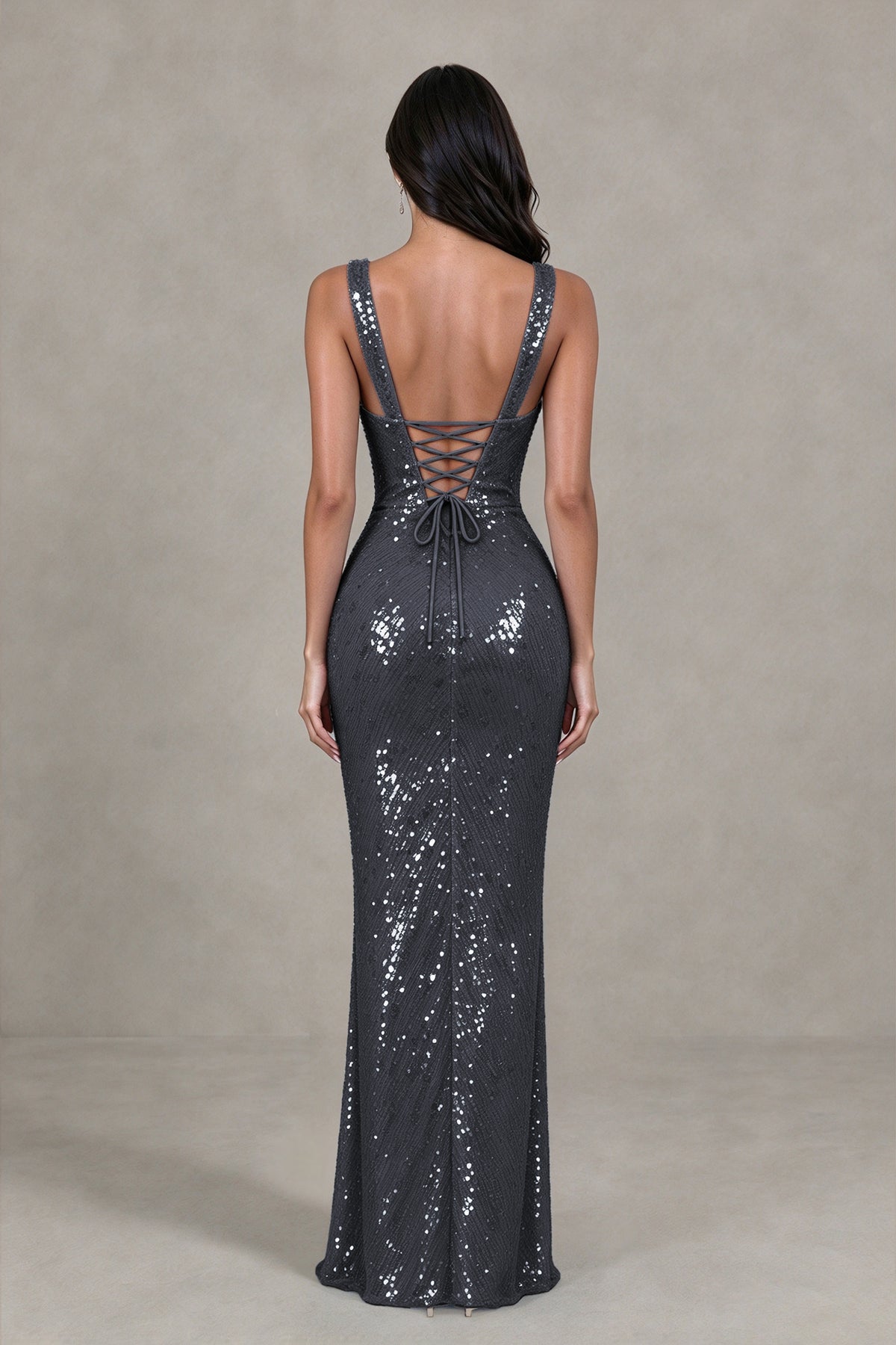 BOLODOO Stormy Blue Sequin Deep V-Neck Lace-Up Back High-Slit Evening Dress - Stormy Blue - Stormy Blue (2)