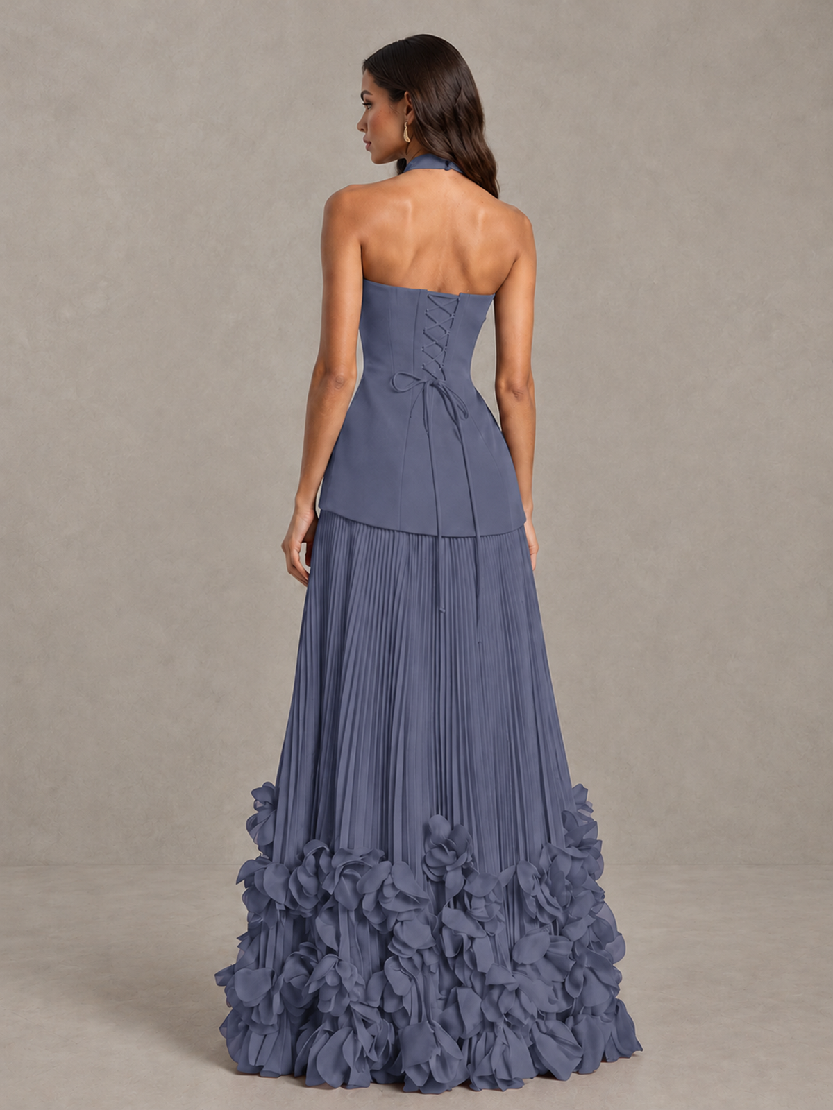 BOLODOO Stormy Blue Halter Neck Floor-Length Evening Gown with High Slit & 3D Floral Hem - Stormy Blue - Stormy Blue (2)
