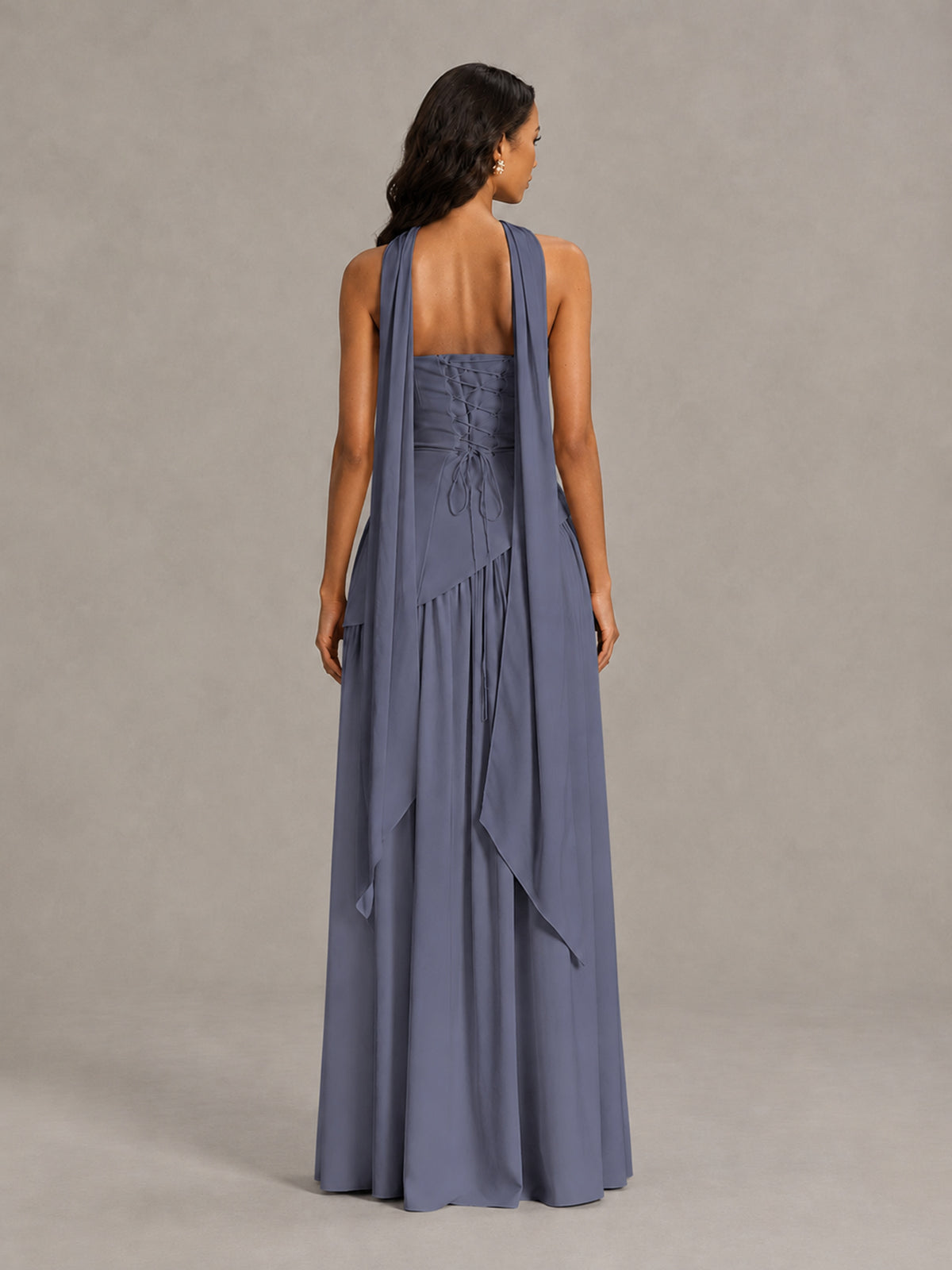 Stormy Blue Strapless Bridesmaid Dress with Scarf & High Slit - Stormy Blue - Stormy Blue (2)