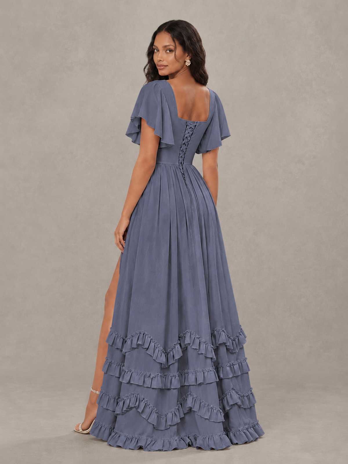 BOLODOO Stormy Blue V-Neck Flutter Sleeve Ruffle Bridesmaid Dress with Slit - Stormy Blue - Stormy Blue (2)
