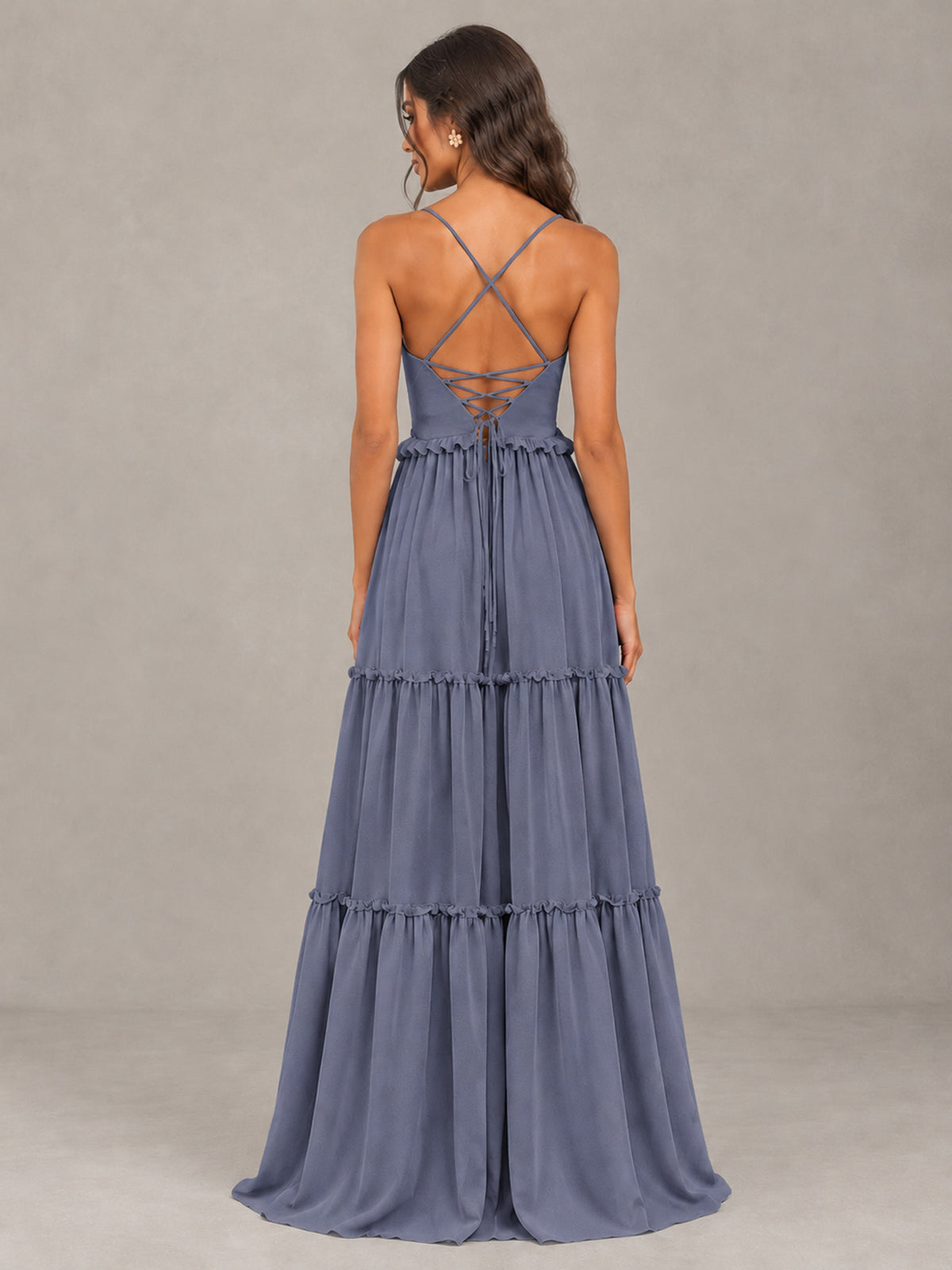 BOLODOO Stormy Blue Tiered V-Neck Lace-Up Back Bridesmaid Dress - Stormy Blue - Stormy Blue (2)