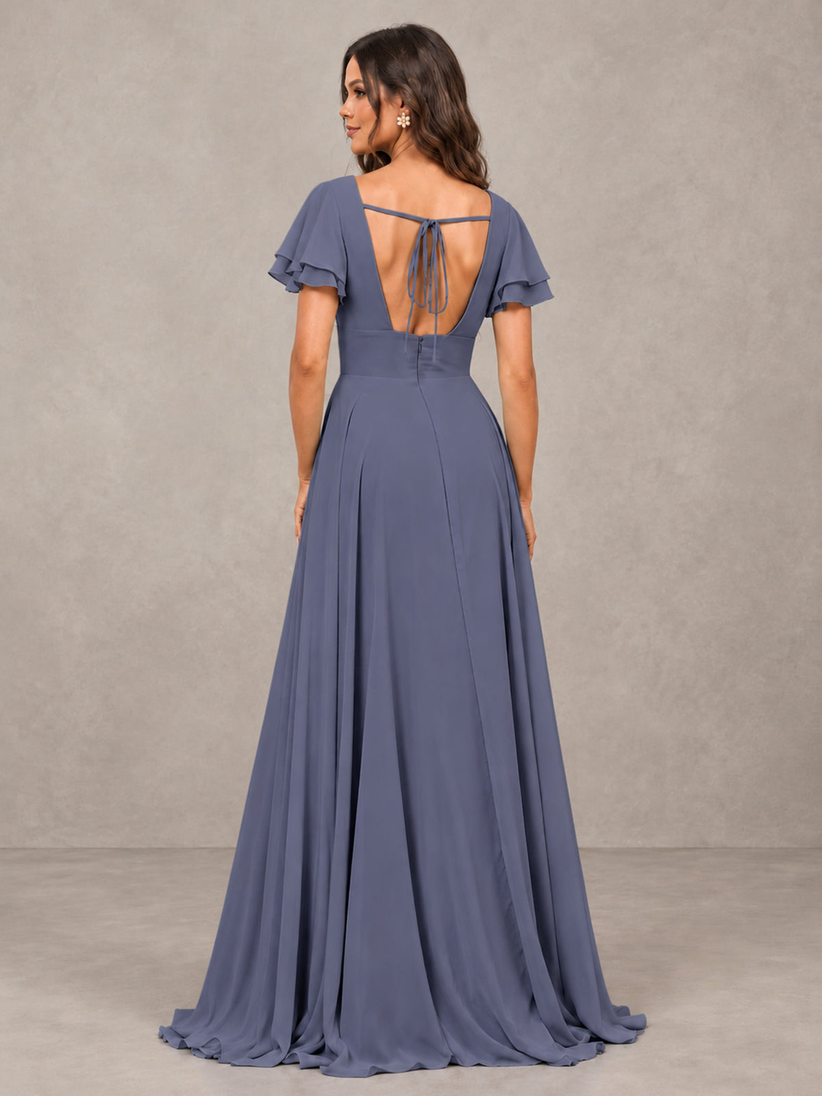 BOLODOO Stormy Blue Flutter Sleeve Chiffon A-Line Maxi Bridesmaid Dress with Open Back & Slit - Stormy Blue - Stormy Blue (2)