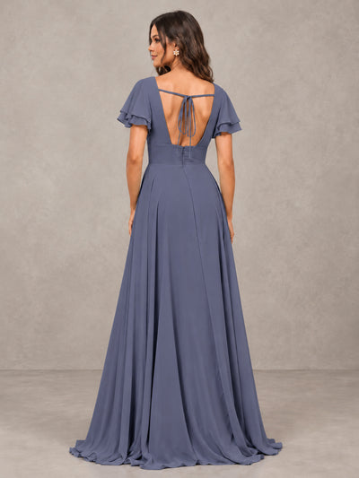 BOLODOO Stormy Blue Flutter Sleeve Chiffon A-Line Maxi Bridesmaid Dress with Open Back & Slit - Stormy Blue - Stormy Blue (2)