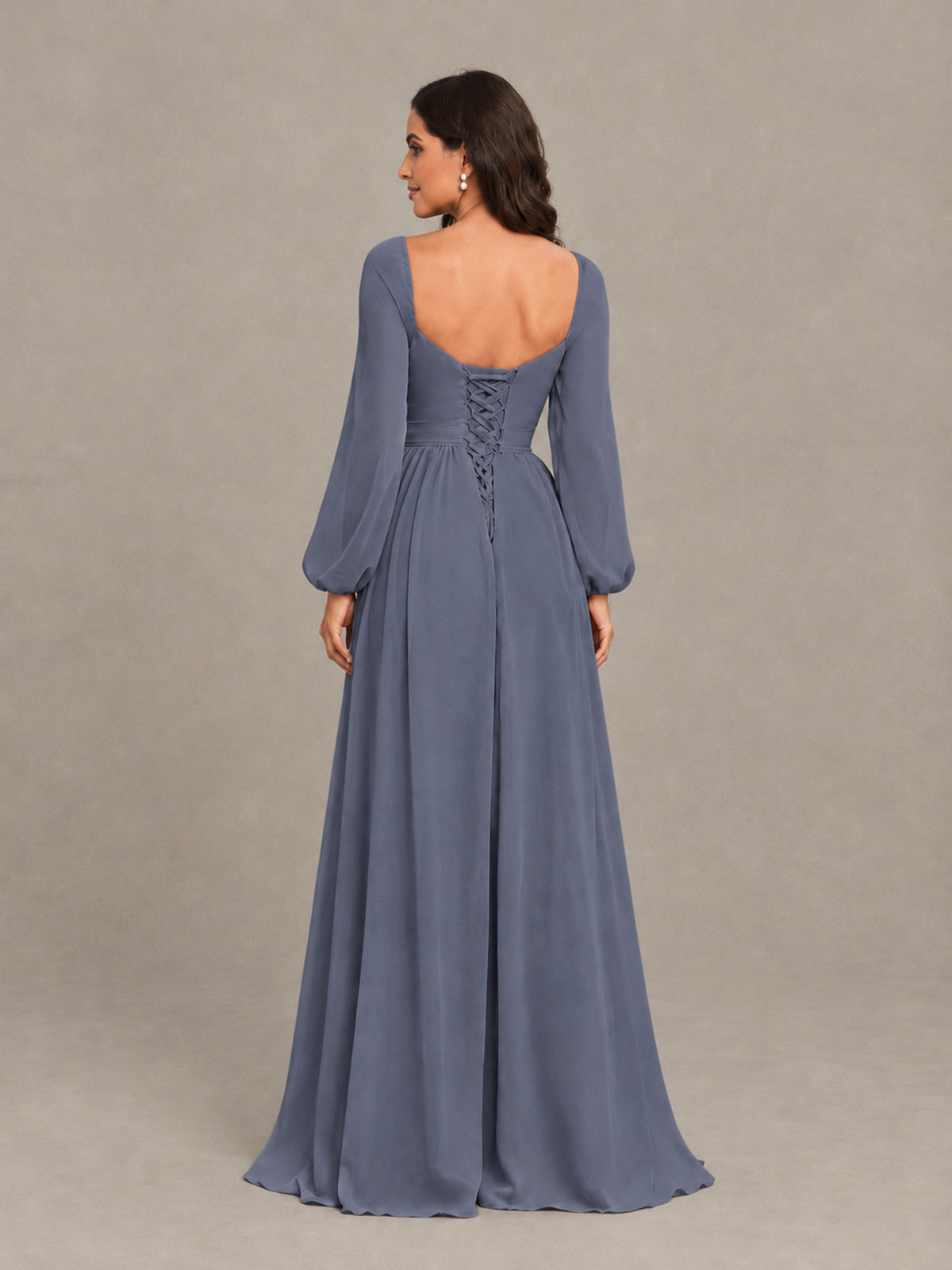 BOLODOO Stormy Blue Long Sleeve Chiffon Bridesmaid Dress with Slit - Stormy Blue - Stormy Blue (2)