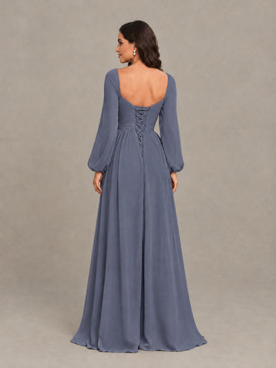 BOLODOO Stormy Blue Long Sleeve Chiffon Bridesmaid Dress with Slit - Stormy Blue - Stormy Blue (2)
