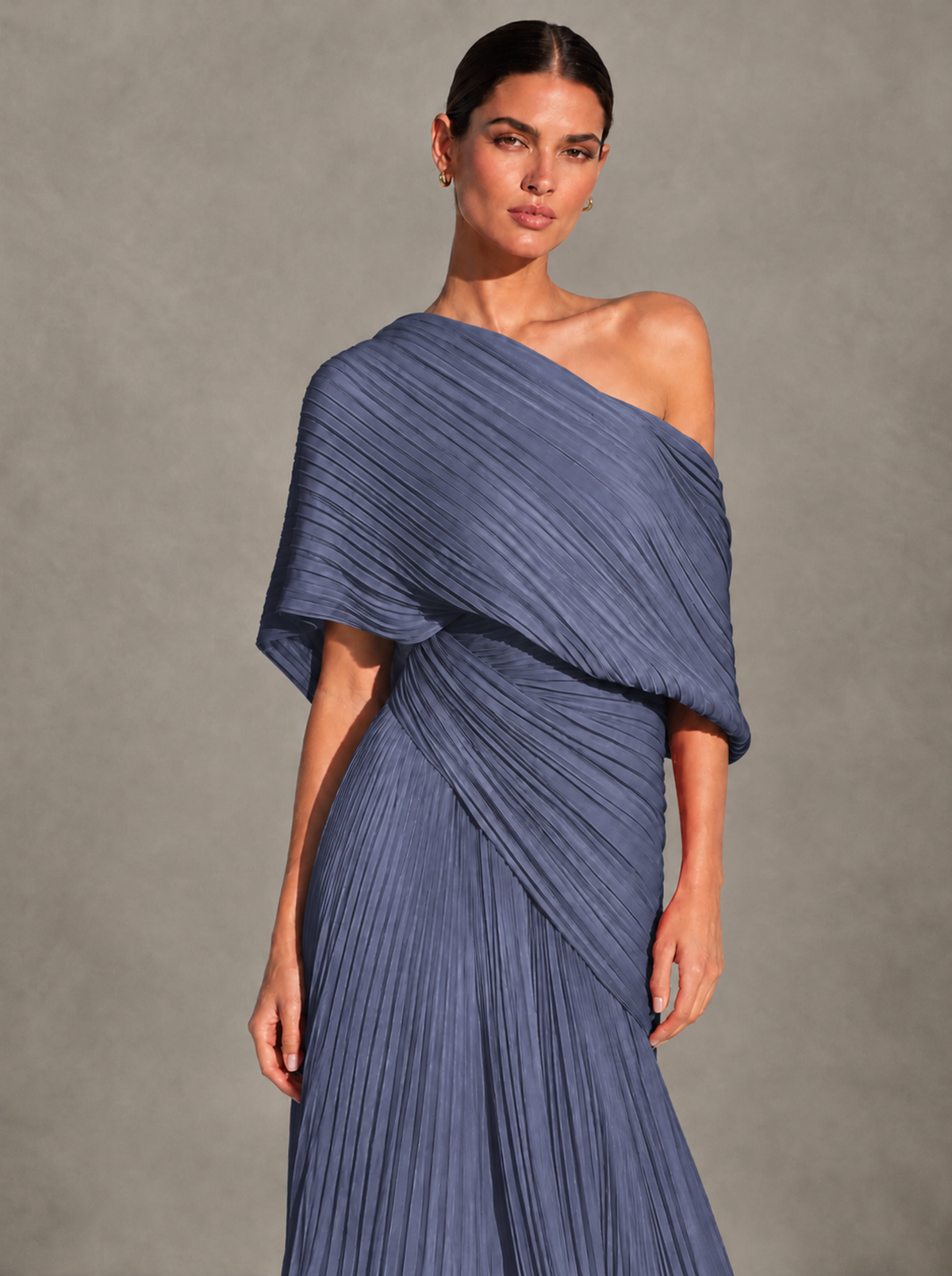 BOLODOO Stormy Blue One-Shoulder Pleated Cape Evening Gown with Train - Stormy Blue - Stormy Blue (3)