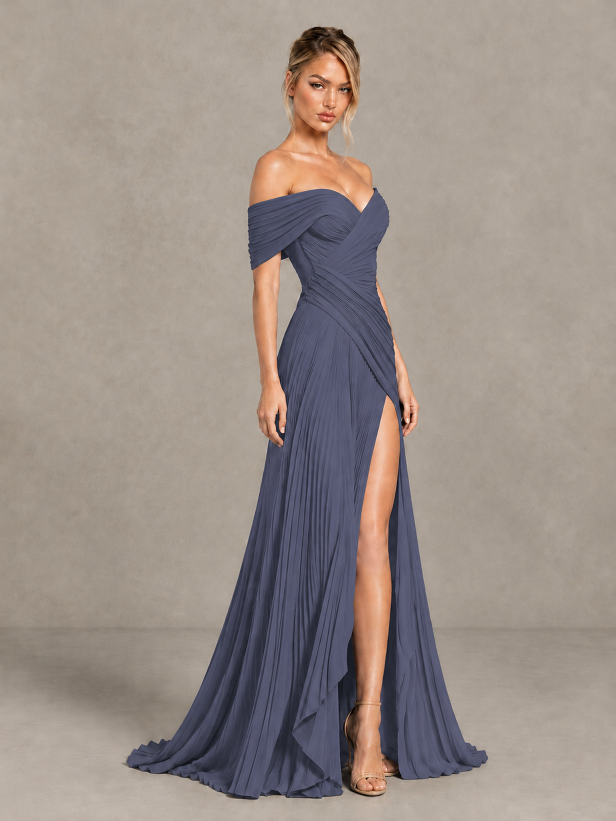 BOLODOO Stormy Blue Off-Shoulder Ruched Pleated Maxi Dress with High Slit - Stormy Blue - Stormy Blue (3)