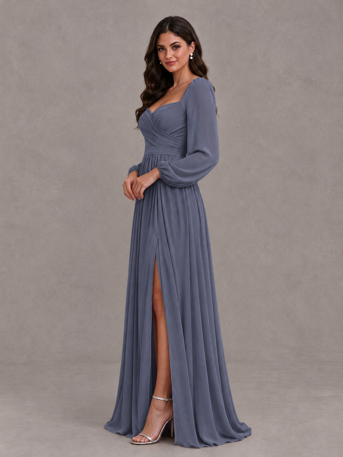 BOLODOO Stormy Blue Long Sleeve Chiffon Bridesmaid Dress with Slit - Stormy Blue - Stormy Blue (3)