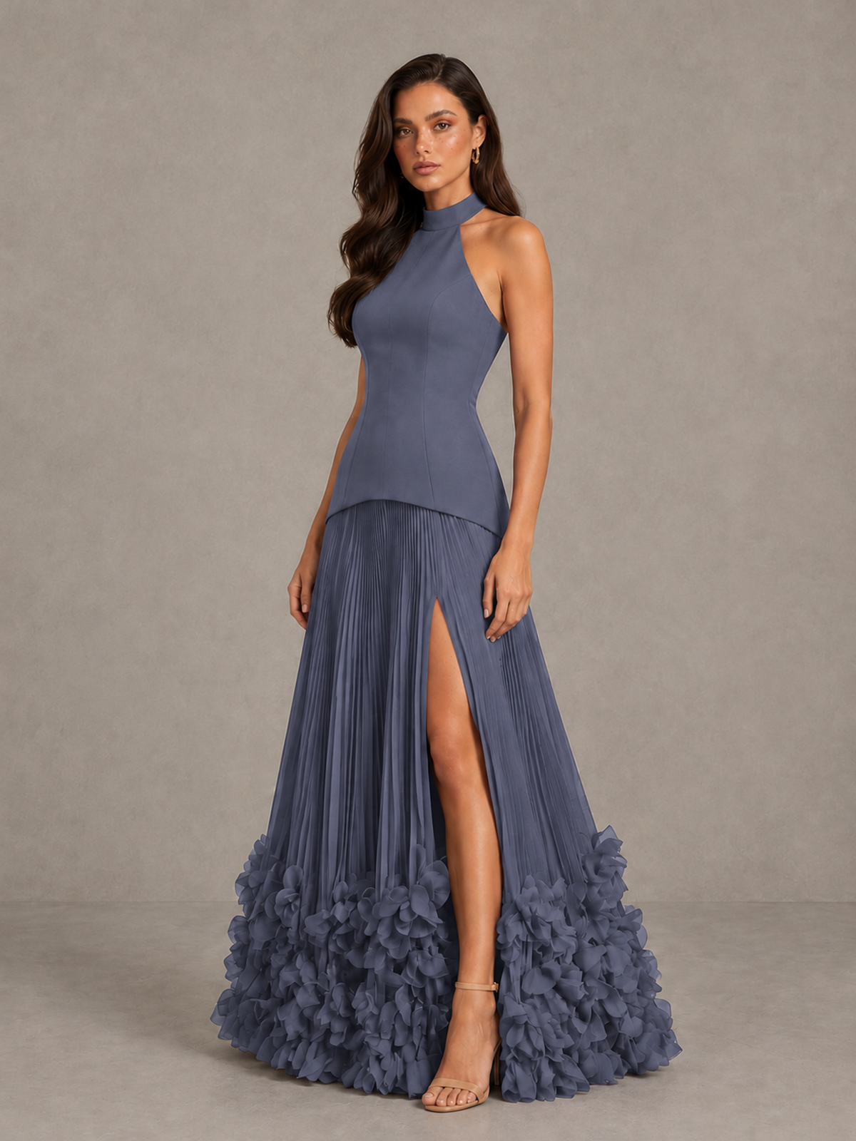 BOLODOO Stormy Blue Halter Neck Floor-Length Evening Gown with High Slit & 3D Floral Hem - Stormy Blue - Stormy Blue (3)