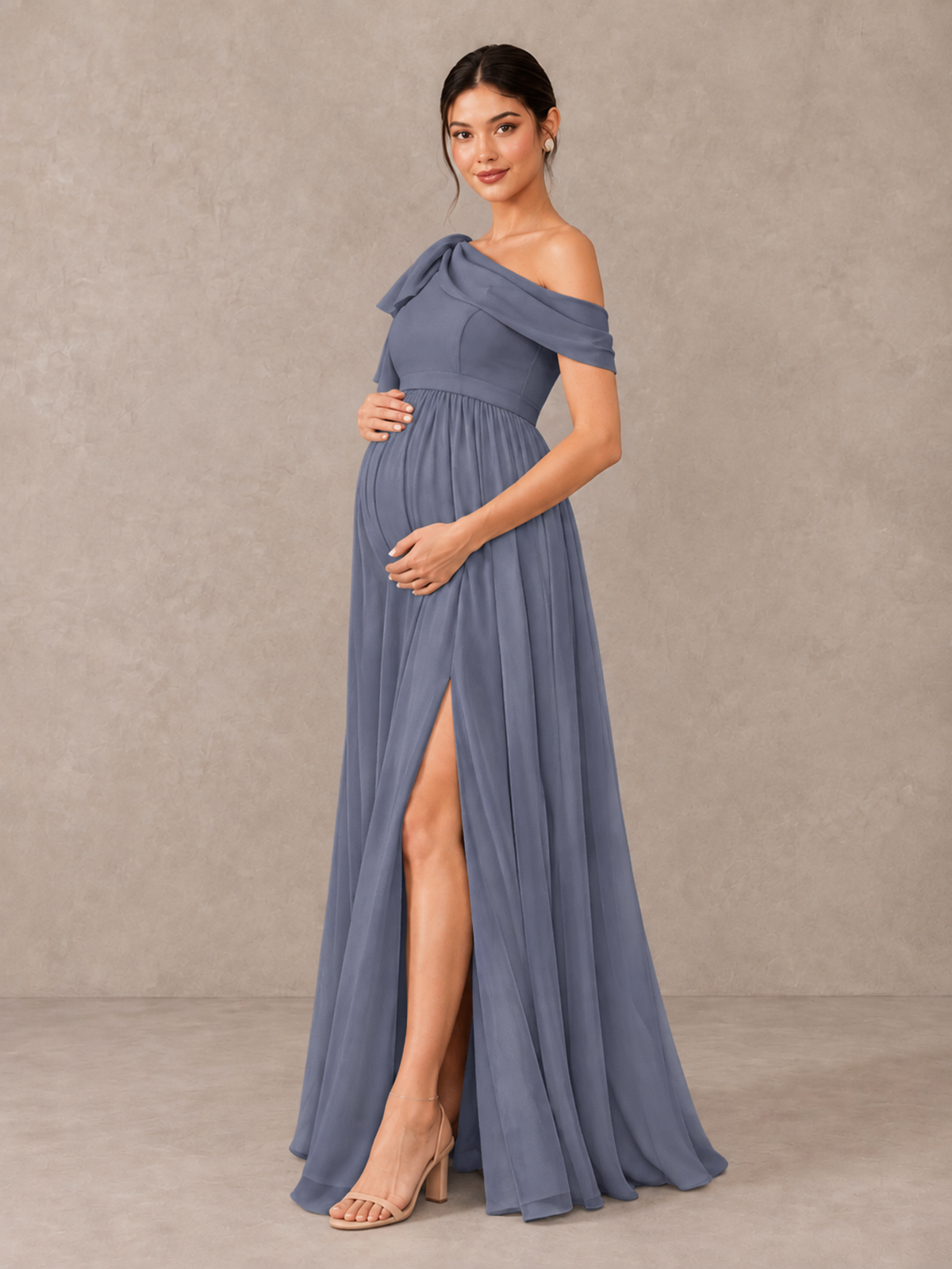 BOLODOO Stormy Blue One-Shoulder Maternity Bridesmaid Dress with Slit - Stormy Blue - Stormy Blue (3)