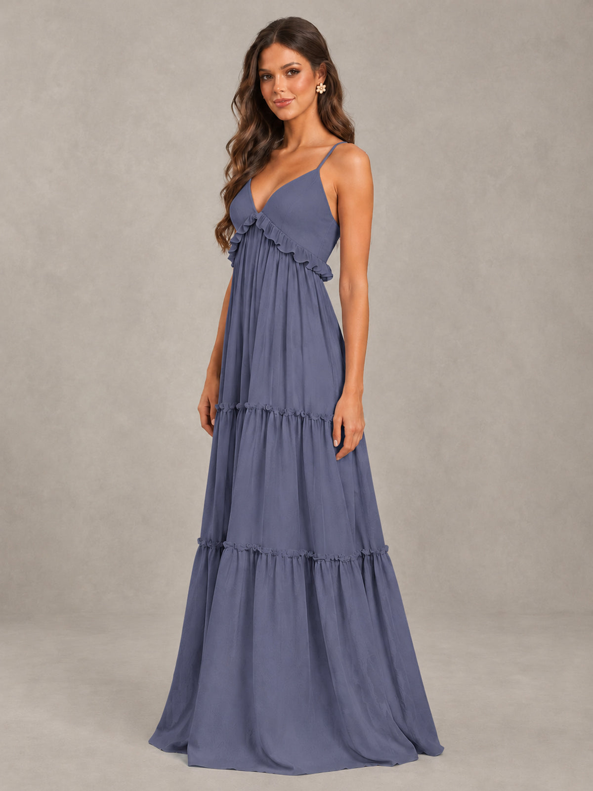BOLODOO Stormy Blue Tiered V-Neck Lace-Up Back Bridesmaid Dress - Stormy Blue - Stormy Blue (3)
