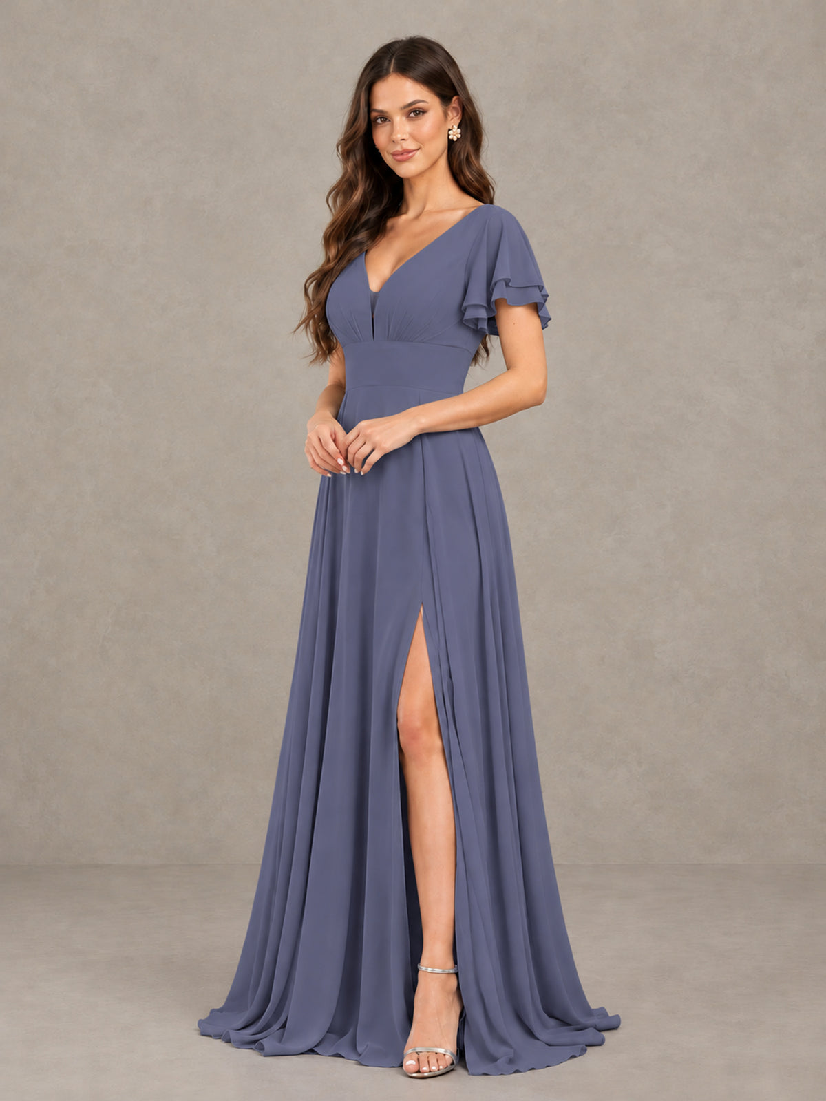 BOLODOO Stormy Blue Flutter Sleeve Chiffon A-Line Maxi Bridesmaid Dress with Open Back & Slit - Stormy Blue - Stormy Blue (3)