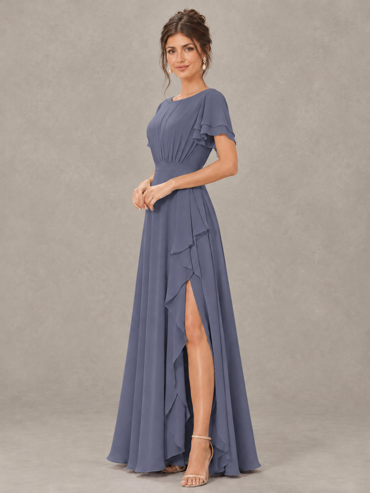 BOLODOO Stormy Blue Flutter Sleeve Ruffle Bridesmaid Dress with Slit - Stormy Blue - Stormy Blue (3)