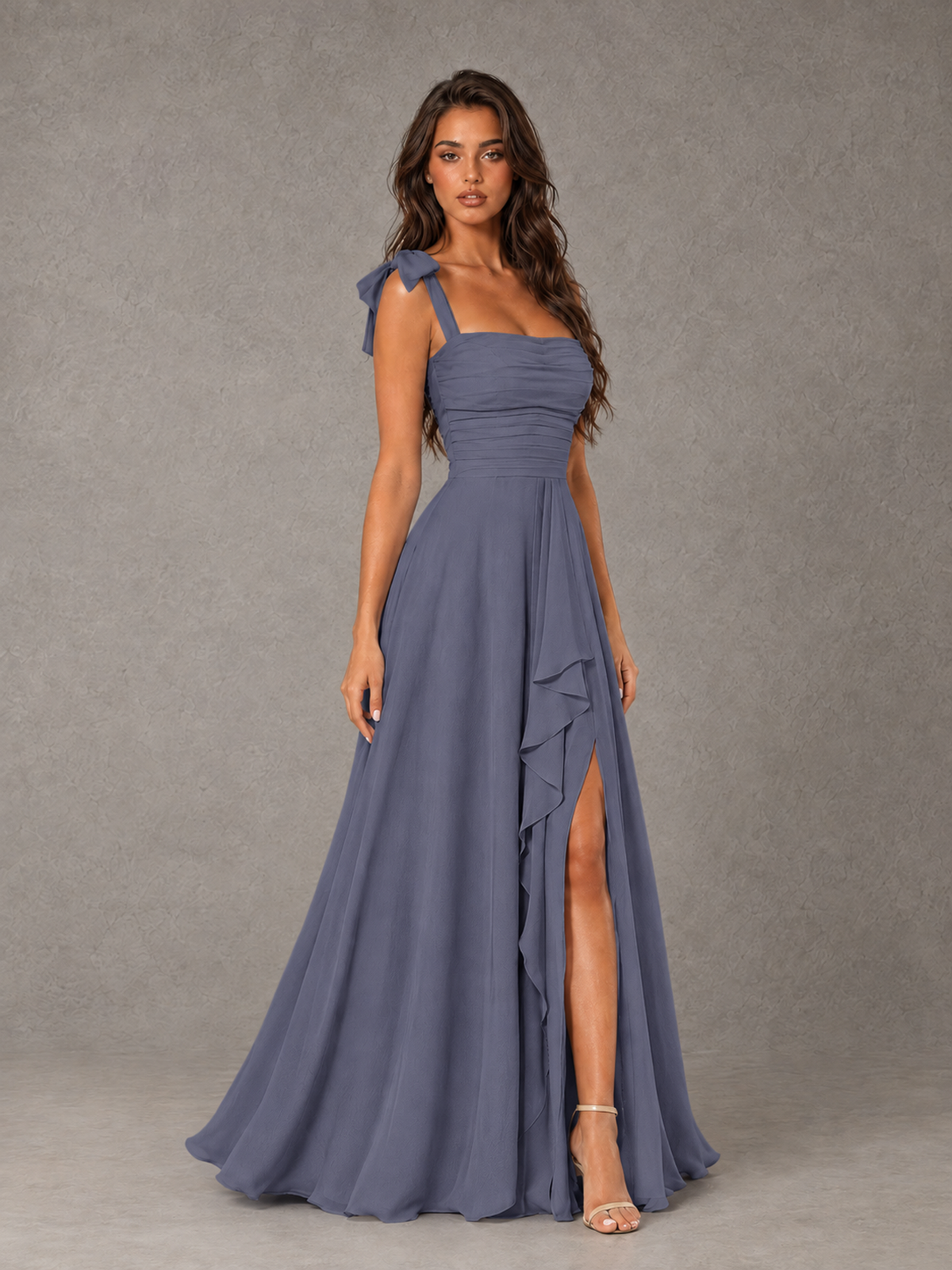 BOLODOO Stormy Blue Bow-Strap Bridesmaid Dress with Ruffle Slit - Stormy Blue - Stormy Blue (3)