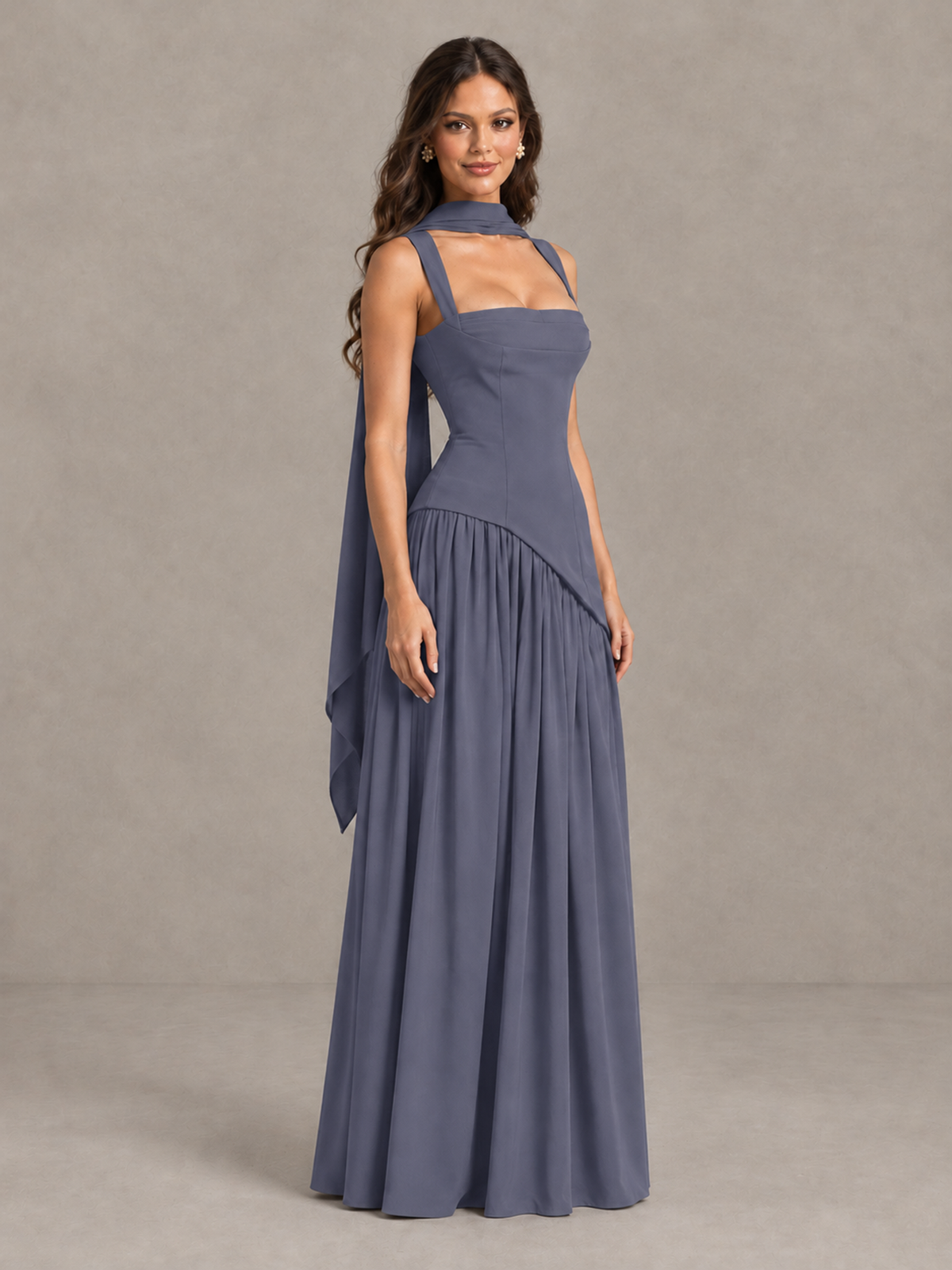 BOLODOO Stormy Blue Brown Scarf Bridesmaid Dress with Lace-Up Back - Stormy Blue - Stormy Blue (3)