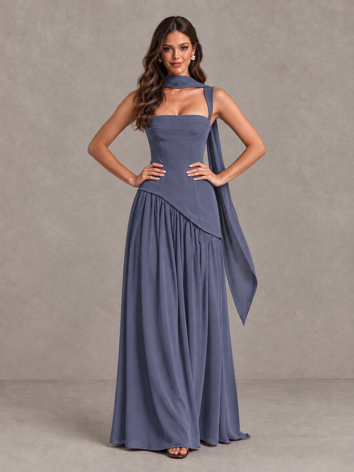 BOLODOO Stormy Blue Brown Scarf Bridesmaid Dress with Lace-Up Back - Stormy Blue - Stormy Blue (4)
