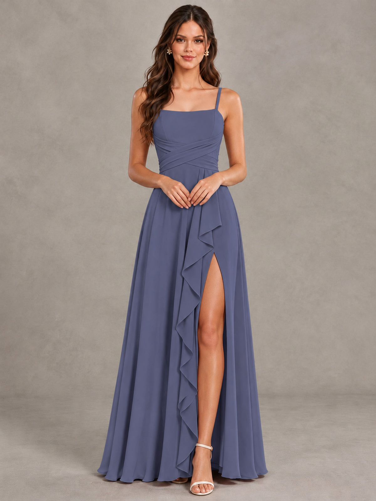BOLODOO Stormy Blue Spaghetti Strap Ruffle Bridesmaid Dress with Slit - Stormy Blue - Stormy Blue (4)