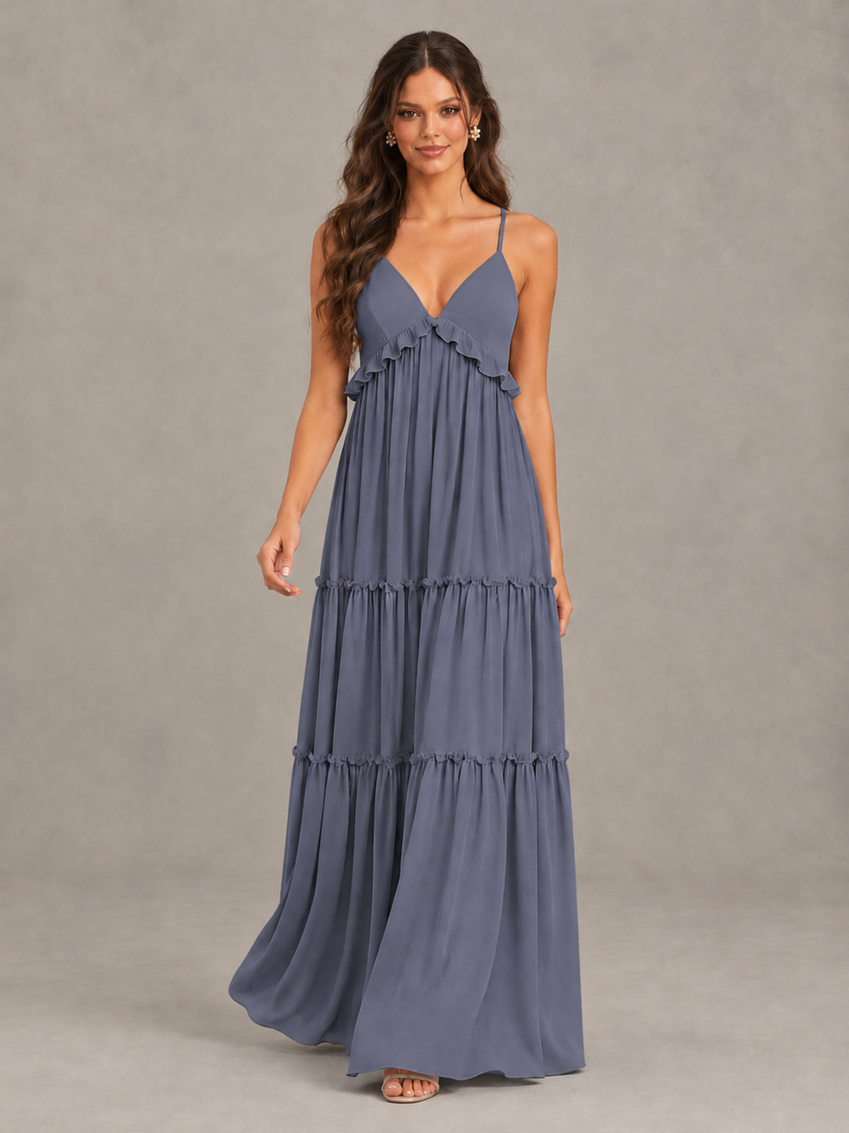 BOLODOO Stormy Blue Tiered V-Neck Lace-Up Back Bridesmaid Dress - Stormy Blue - Stormy Blue (4)