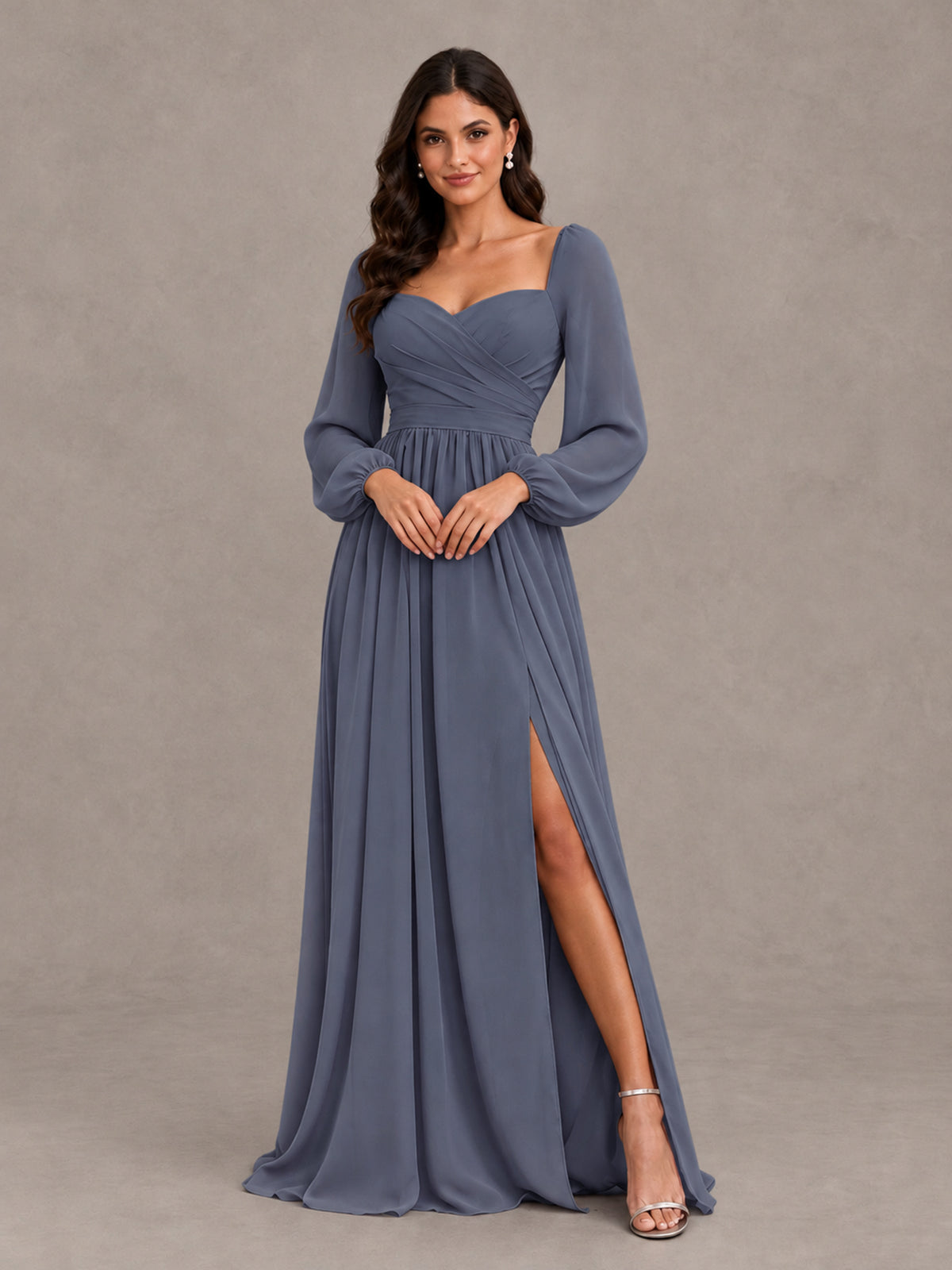 BOLODOO Stormy Blue Long Sleeve Chiffon Bridesmaid Dress with Slit - Stormy Blue - Stormy Blue (4)