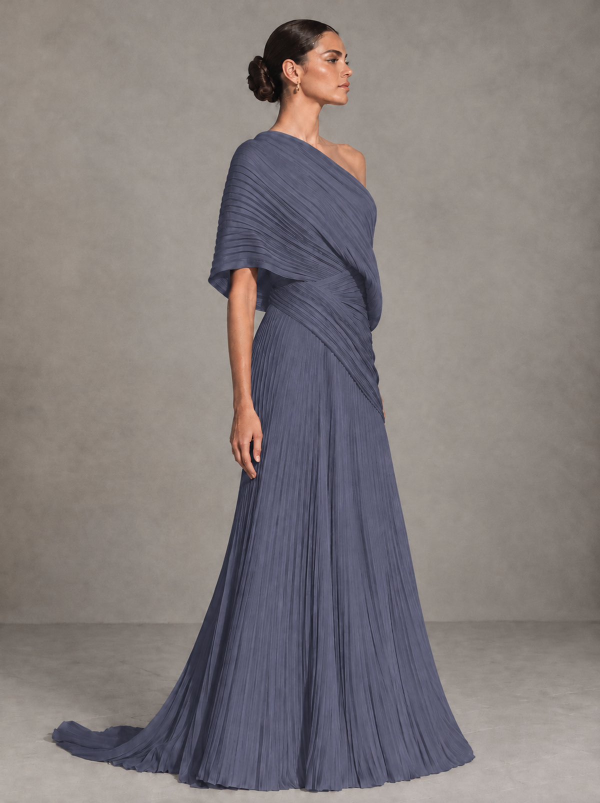 BOLODOO Stormy Blue One-Shoulder Pleated Cape Evening Gown with Train - Stormy Blue - Stormy Blue (4)