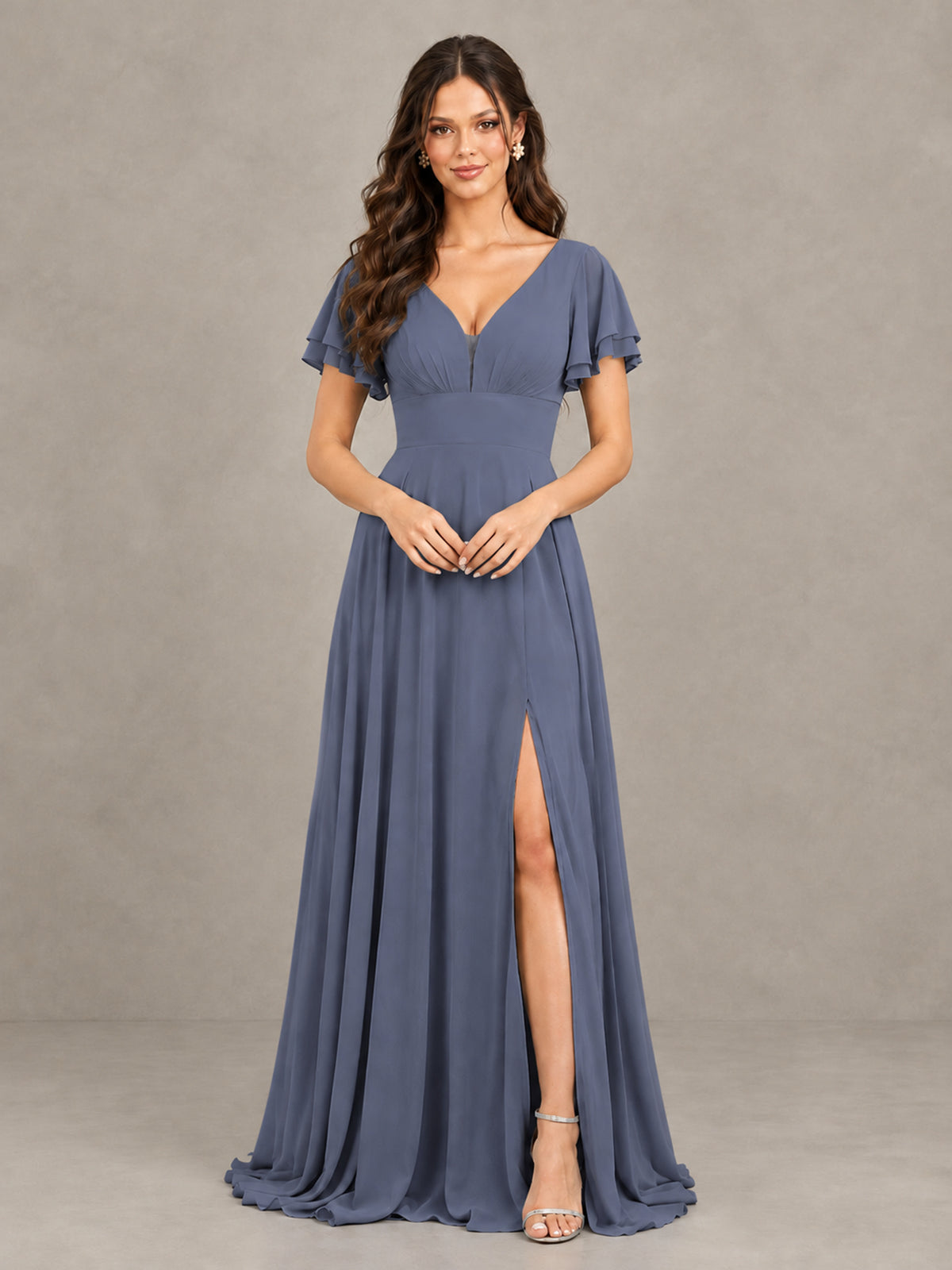 BOLODOO Stormy Blue Flutter Sleeve Chiffon A-Line Maxi Bridesmaid Dress with Open Back & Slit - Stormy Blue - Stormy Blue (4)
