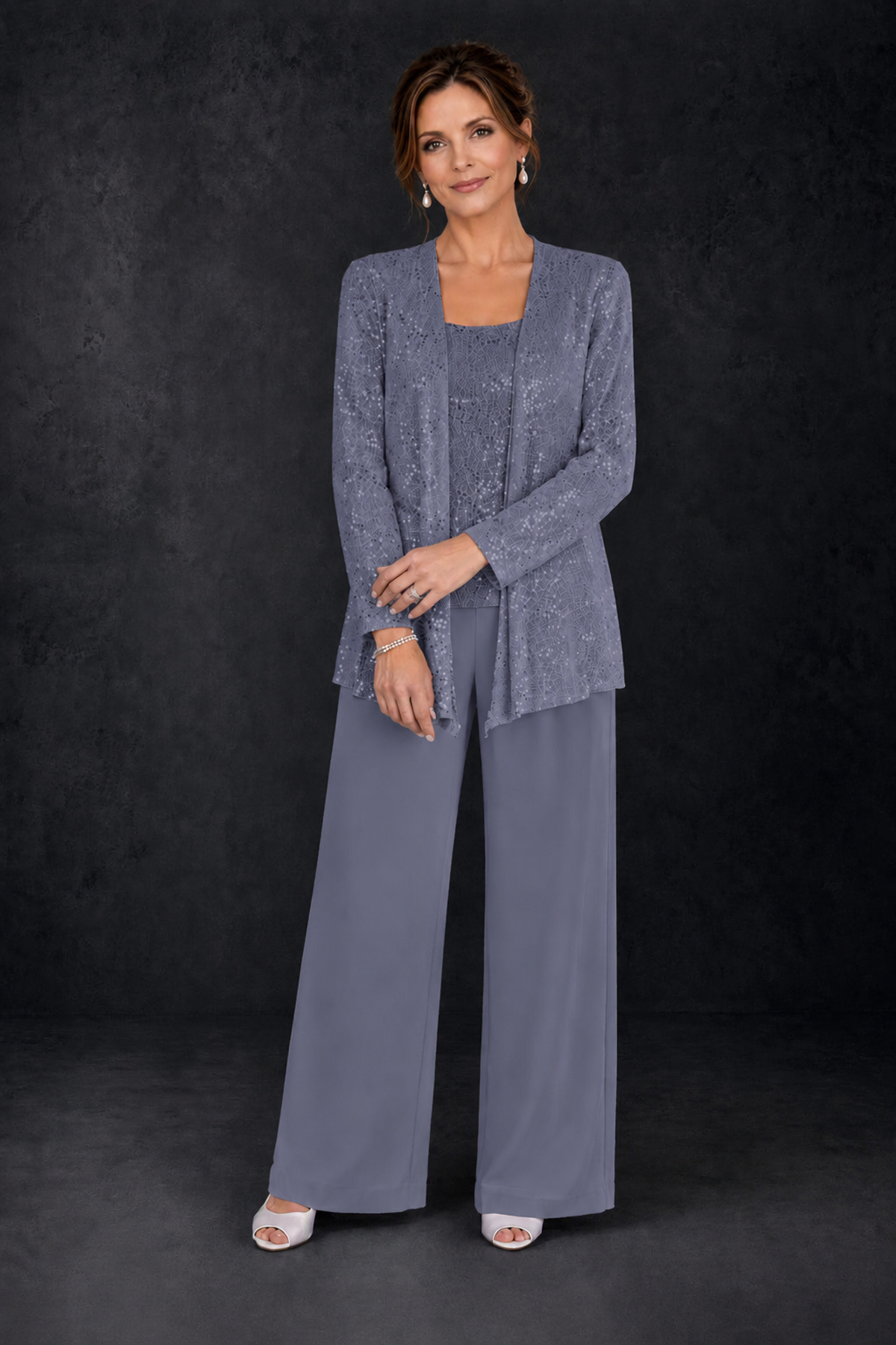 BOLODOO Stormy Blue Sequin Lace 3-Piece Pant Suit with Long Sleeve Jacket - Stormy Blue - Stormy Blue (4)