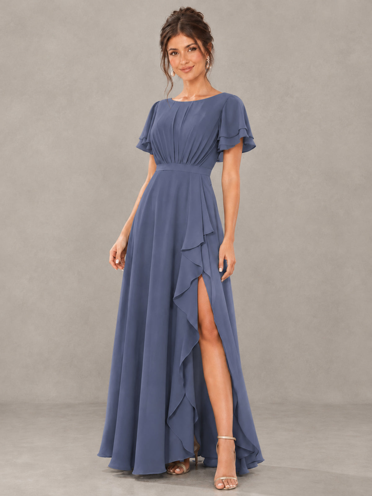 BOLODOO Stormy Blue Flutter Sleeve Ruffle Bridesmaid Dress with Slit - Stormy Blue - Stormy Blue (4)