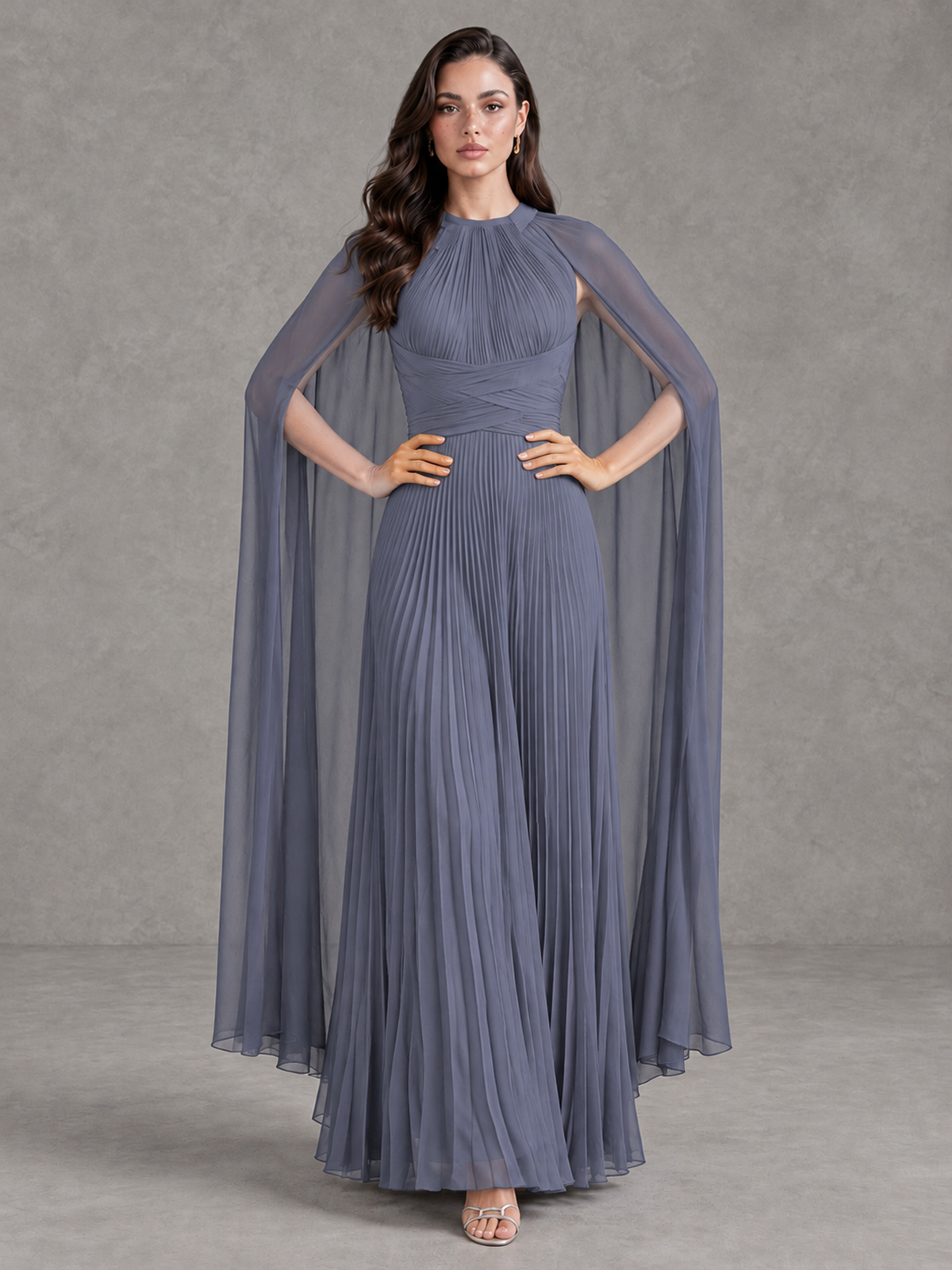 BOLODOO Stormy Blue Pleated Cape Maxi Wedding Guest Dress - Stormy Blue - Stormy Blue (4)