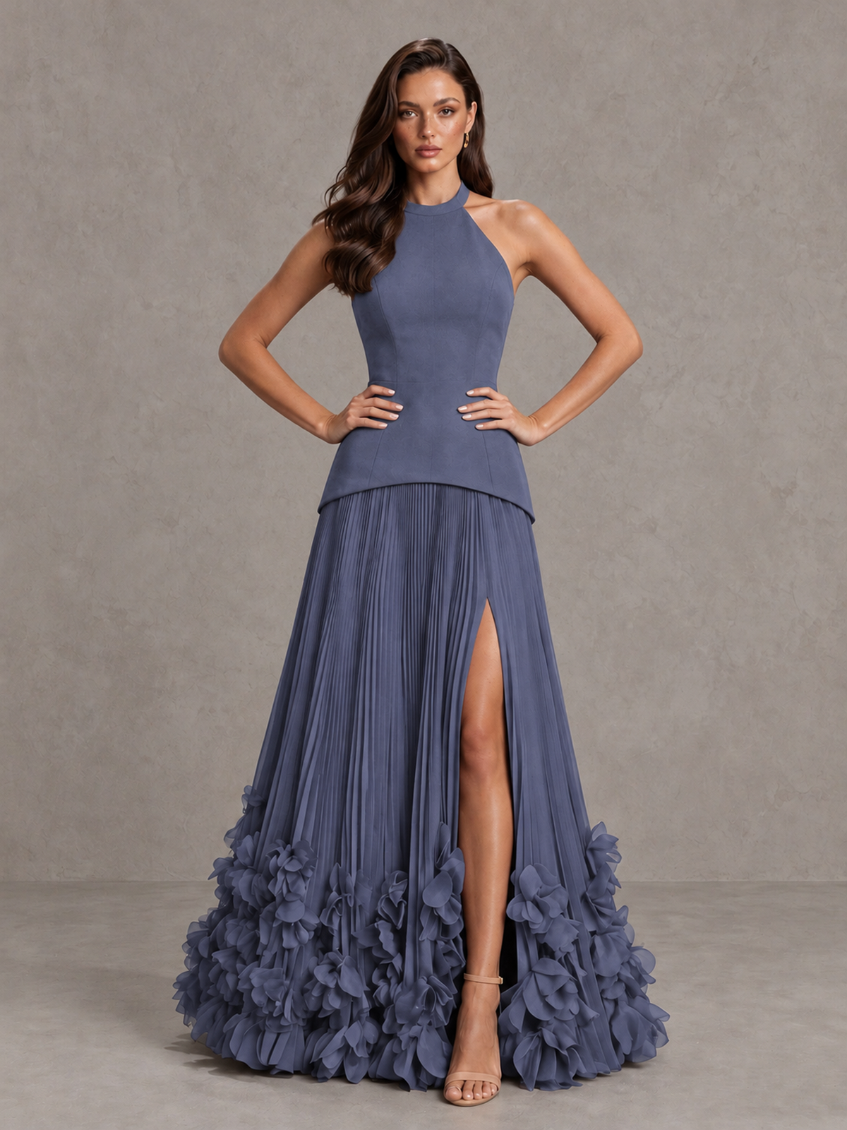 BOLODOO Stormy Blue Halter Neck Floor-Length Evening Gown with High Slit & 3D Floral Hem - Stormy Blue - Stormy Blue (4)