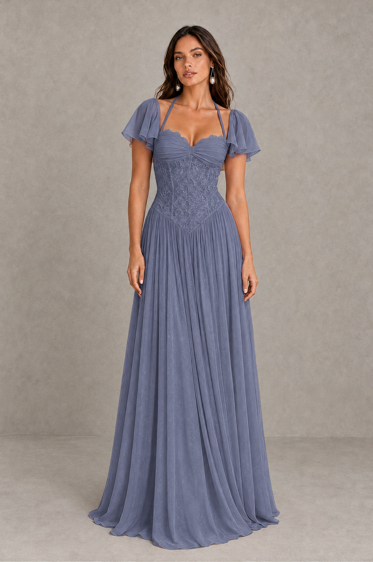BOLODOO Stormy Blue Flutter Sleeve Lace Corset A-Line Maxi Dress 