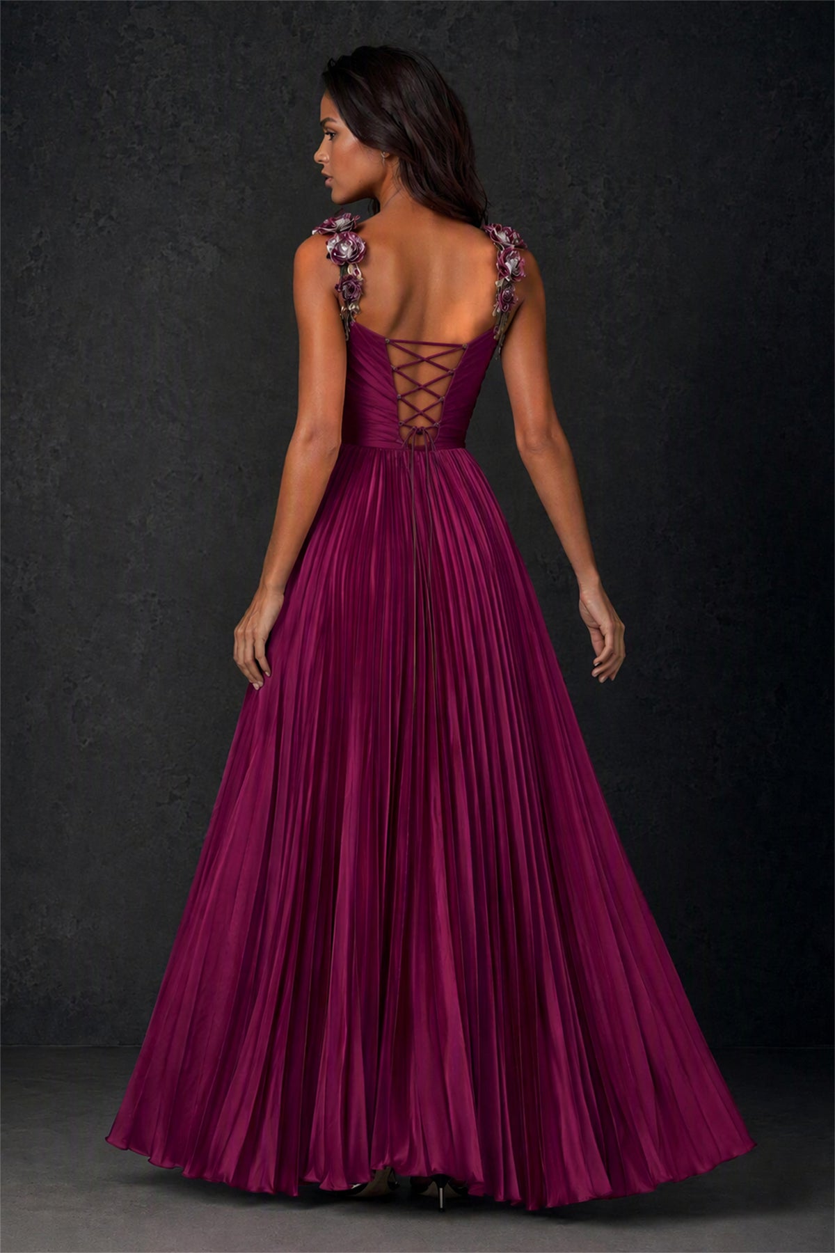 BOLODOO Magenta Pleated Chiffon 3D Rose Embellished Strap V-Neck Side Slit Maxi Gown – Formal Evening & Prom Dress 