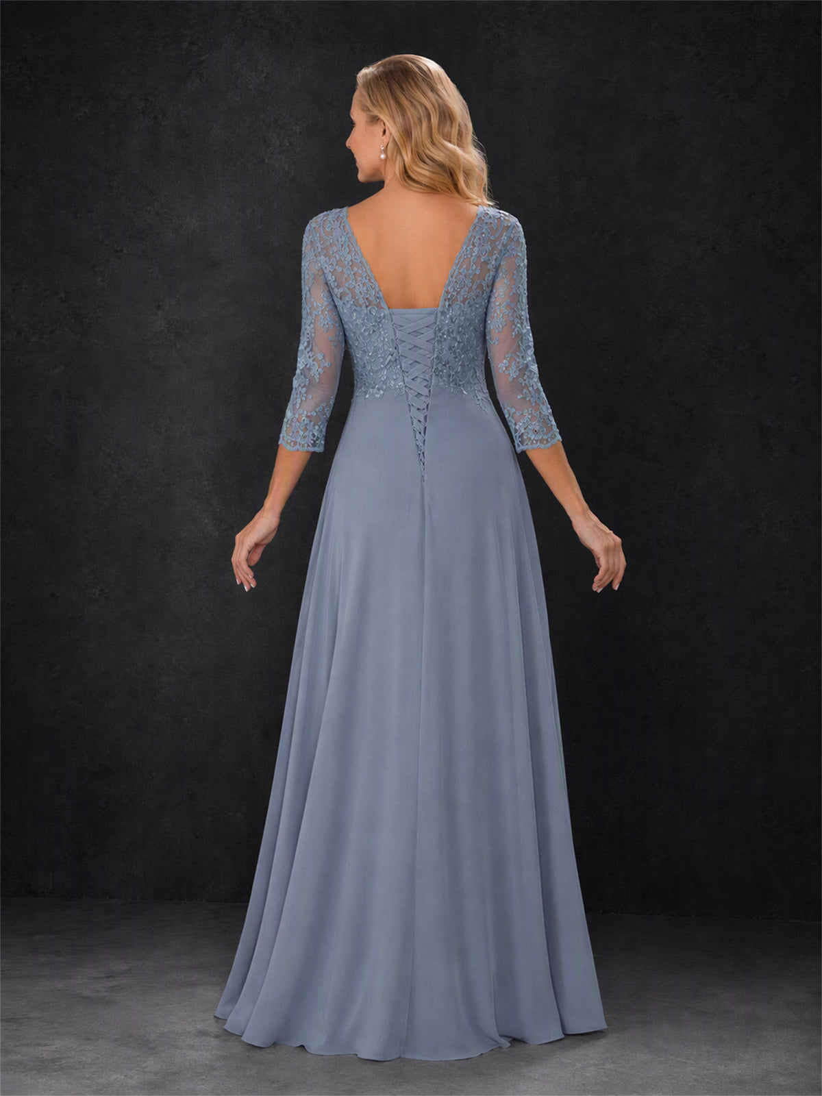 BOLODOO Dusty Blue Lace Embroidered Mother of the Bride Dress with 3/4 Sleeves 