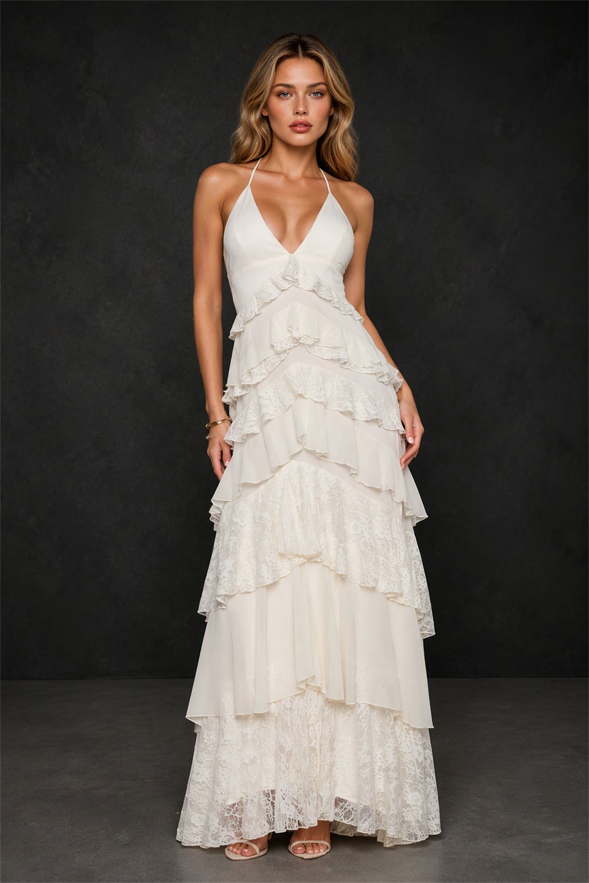 BOLODOO Ivory Tiered Ruffle Lace Halter Backless Maxi Dress - Front View