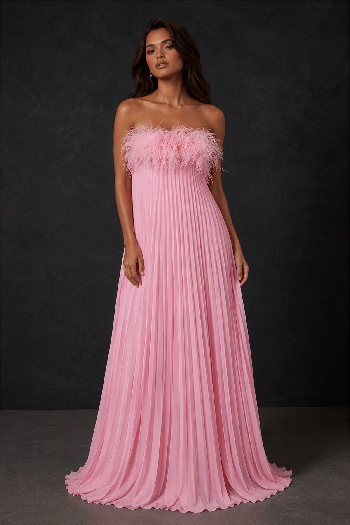 BOLODOO Pink Strapless Feather Trim Pleated A-Line Chiffon Maxi Dress - Front View