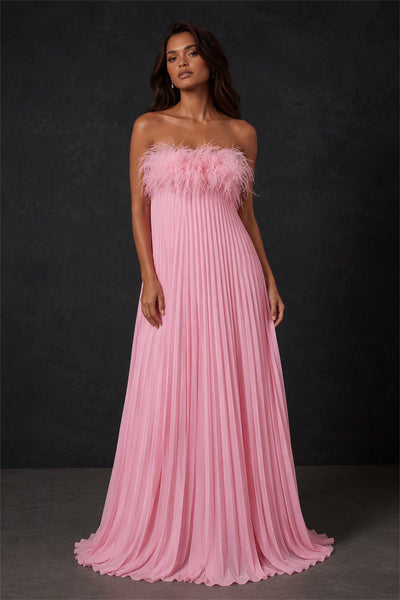 BOLODOO Pink Strapless Feather Trim Pleated A-Line Chiffon Maxi Dress - Front View