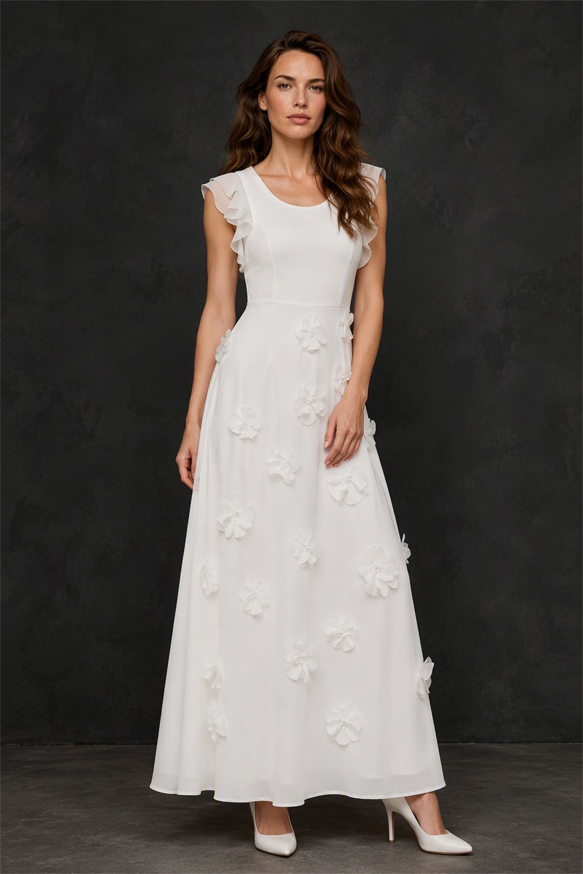 BOLODOO Ivory Scoop Neck Flutter Sleeve 3D Floral Appliqué A-Line Chiffon Maxi Dress - Front View