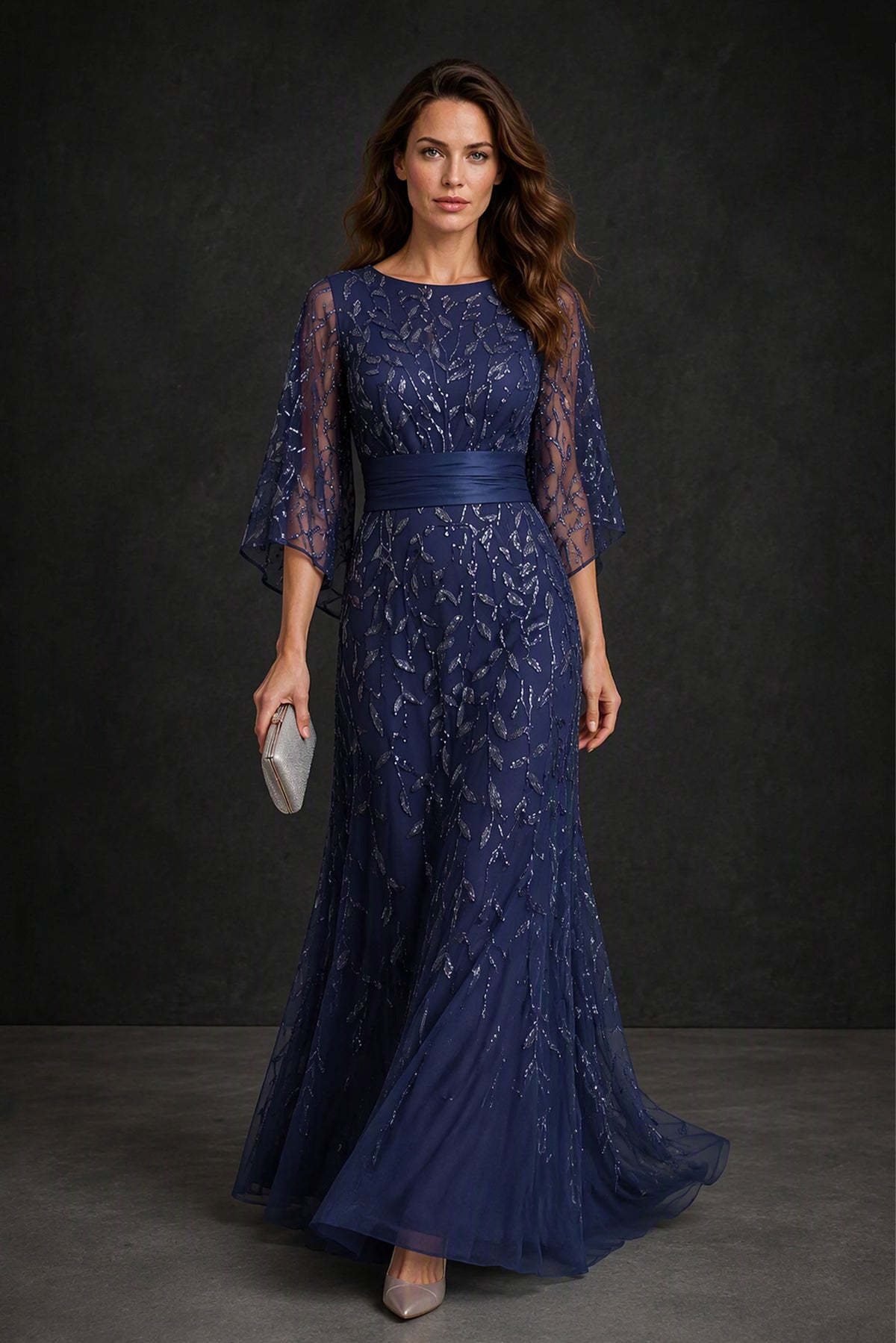 BOLODOO Navy Blue Bell Sleeve Sequin Embroidered Maxi Dress - Front Second Angle