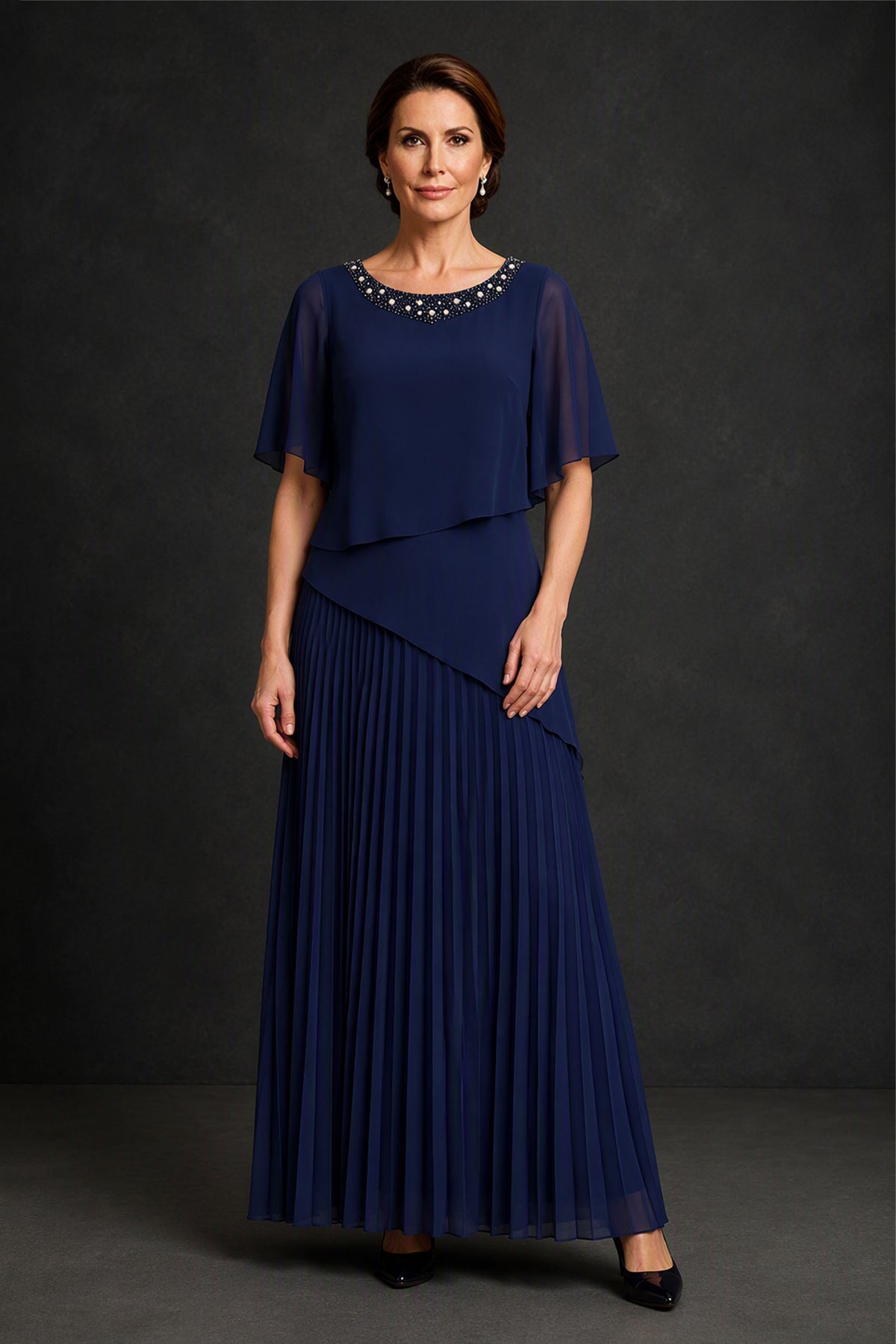 BOLODOO Navy Blue Pearl Beaded Flutter Sleeve Pleated Chiffon Maxi Dress - Front Walking View