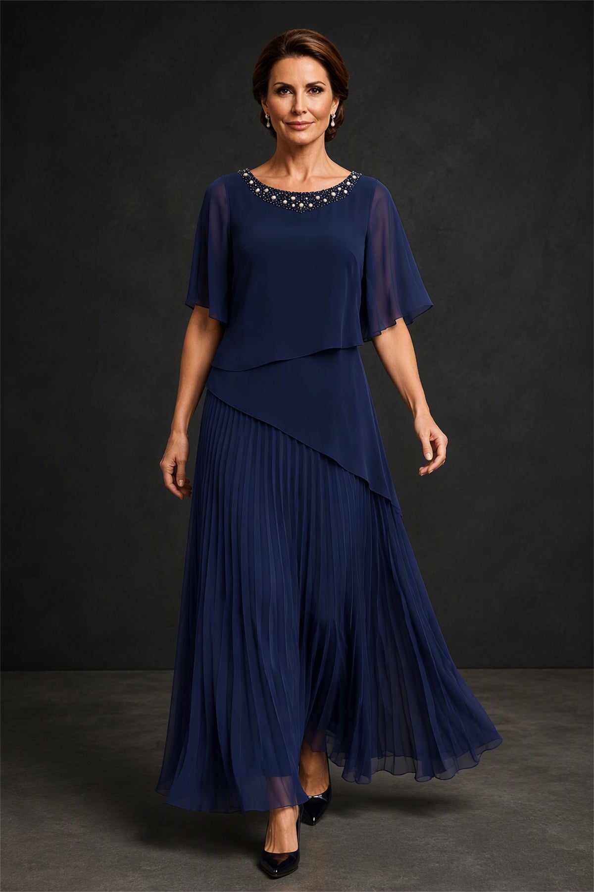 BOLODOO Navy Blue Pearl Beaded Flutter Sleeve Pleated Chiffon Maxi Dress - Front Second Angle