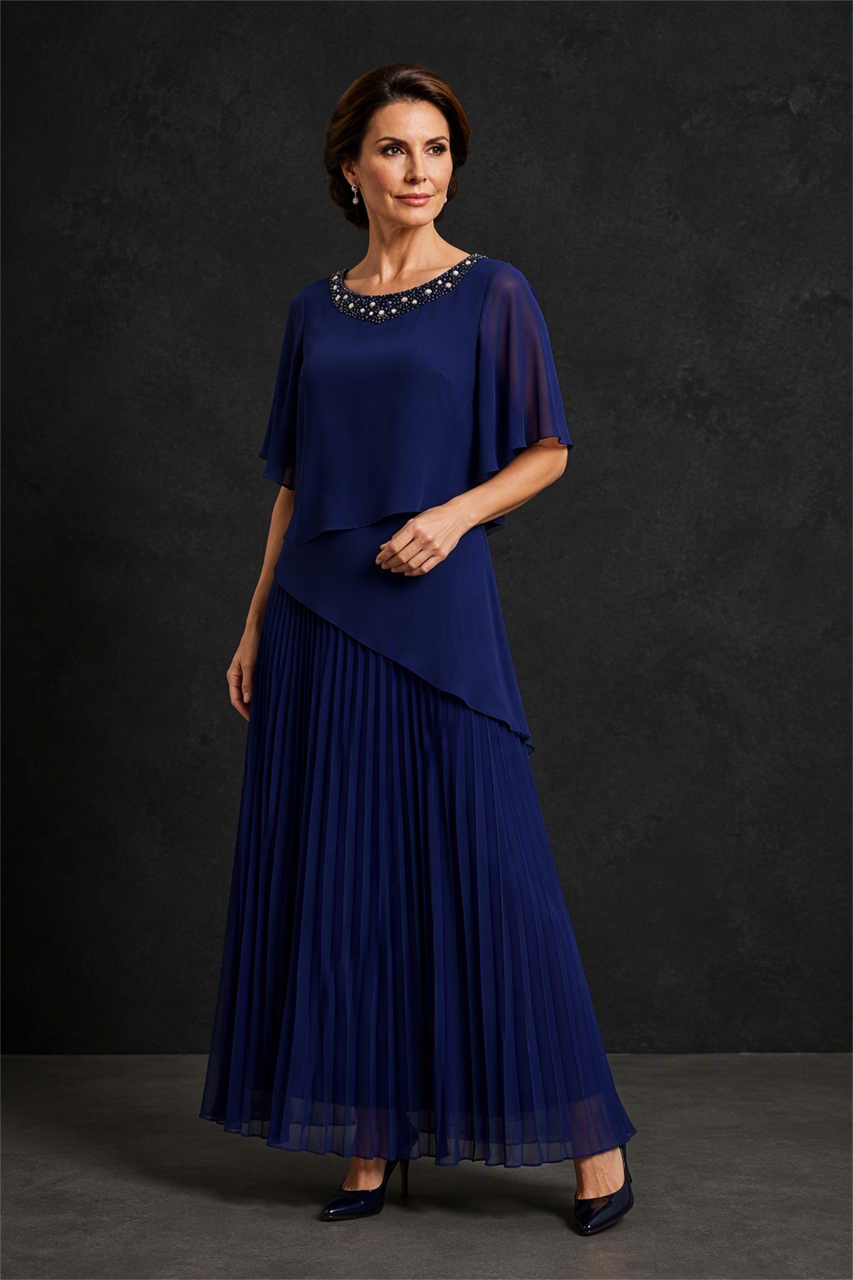 BOLODOO Navy Blue Pearl Beaded Flutter Sleeve Pleated Chiffon Maxi Dress - Side Back View